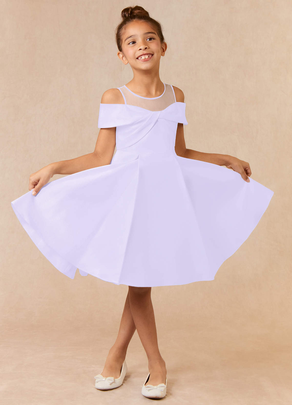 Azazie Shirin Flower Girl Dresses Lilac A-Line Off the Shoulder Matte Satin Dress image1