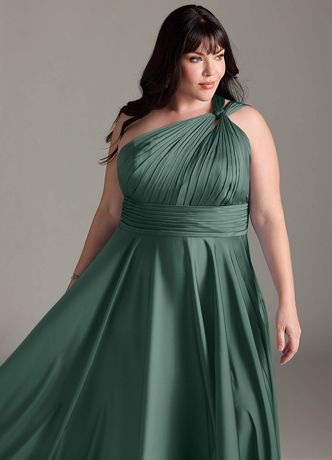 Azazie Charlize Bridesmaid Dresses Eucalyptus A-Line One Shoulder Stretch Satin Dress image14