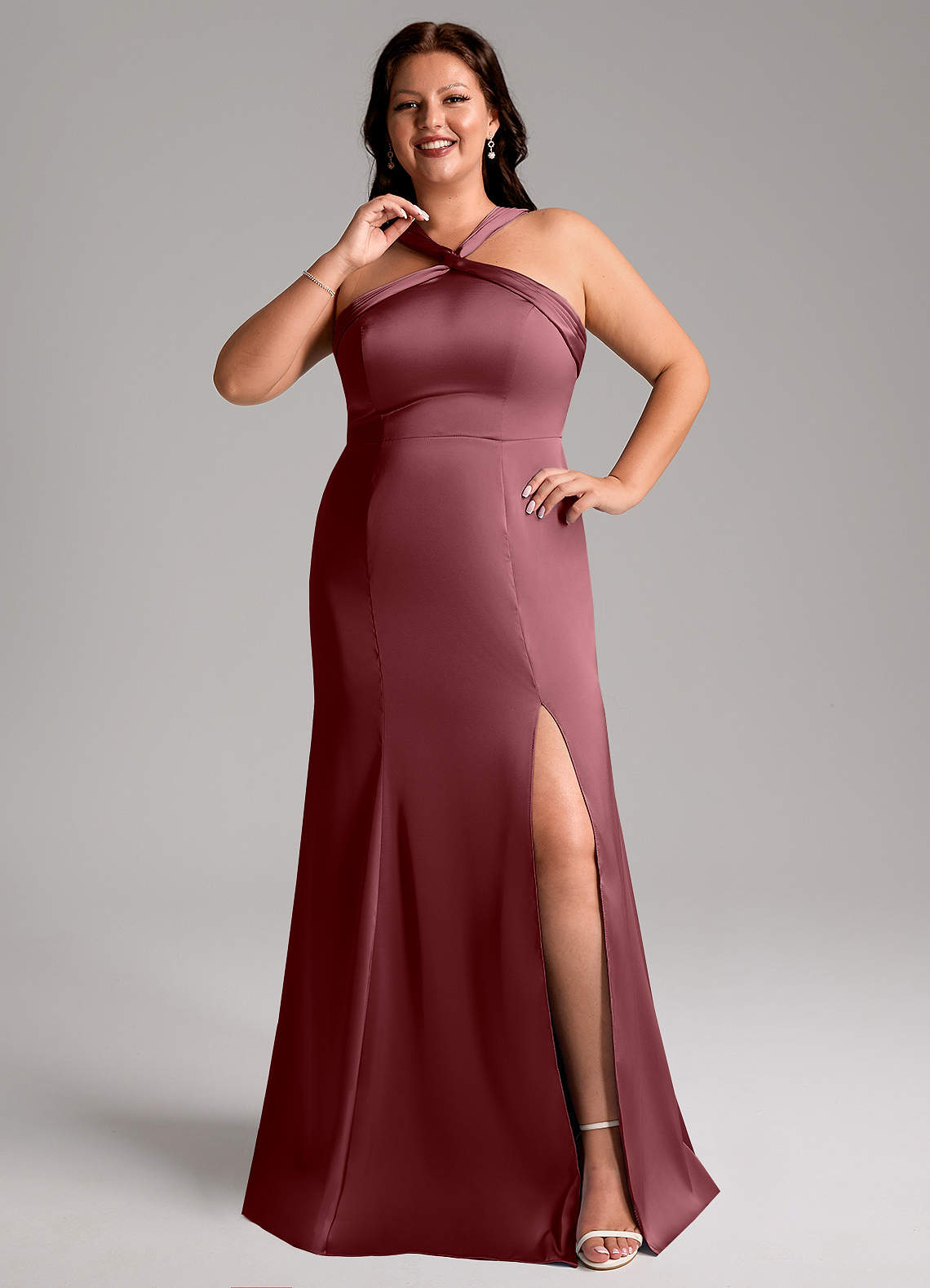 Azazie Rue Bridesmaid Dresses Desert Rose A-Line Pleated Stretch Satin Dress image1