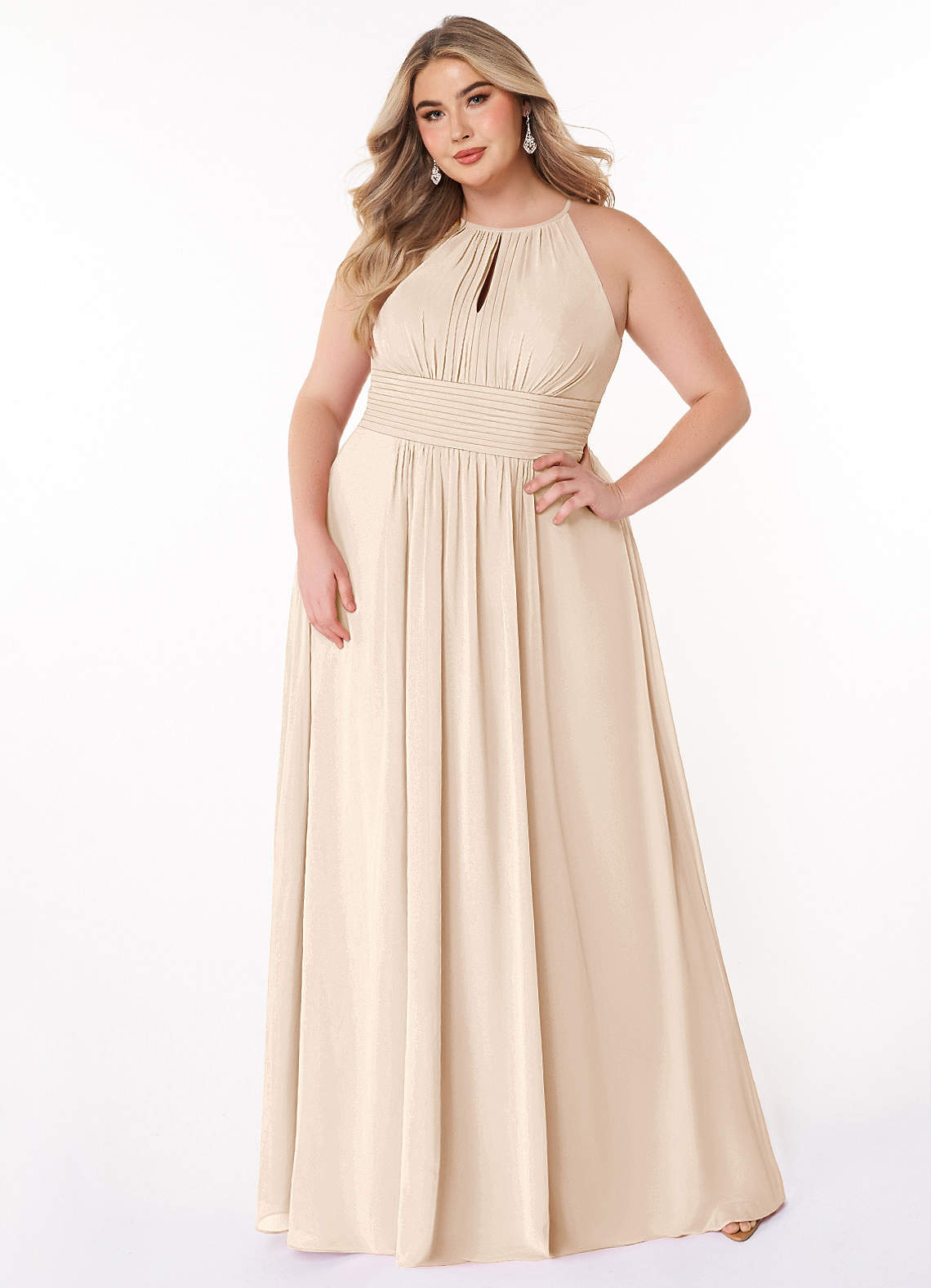 Azazie Bonnie Brautjungfernkleider A-Linie Schlüsselloch Gerüscht Chiffon Kleid Alabaster Weiß image1