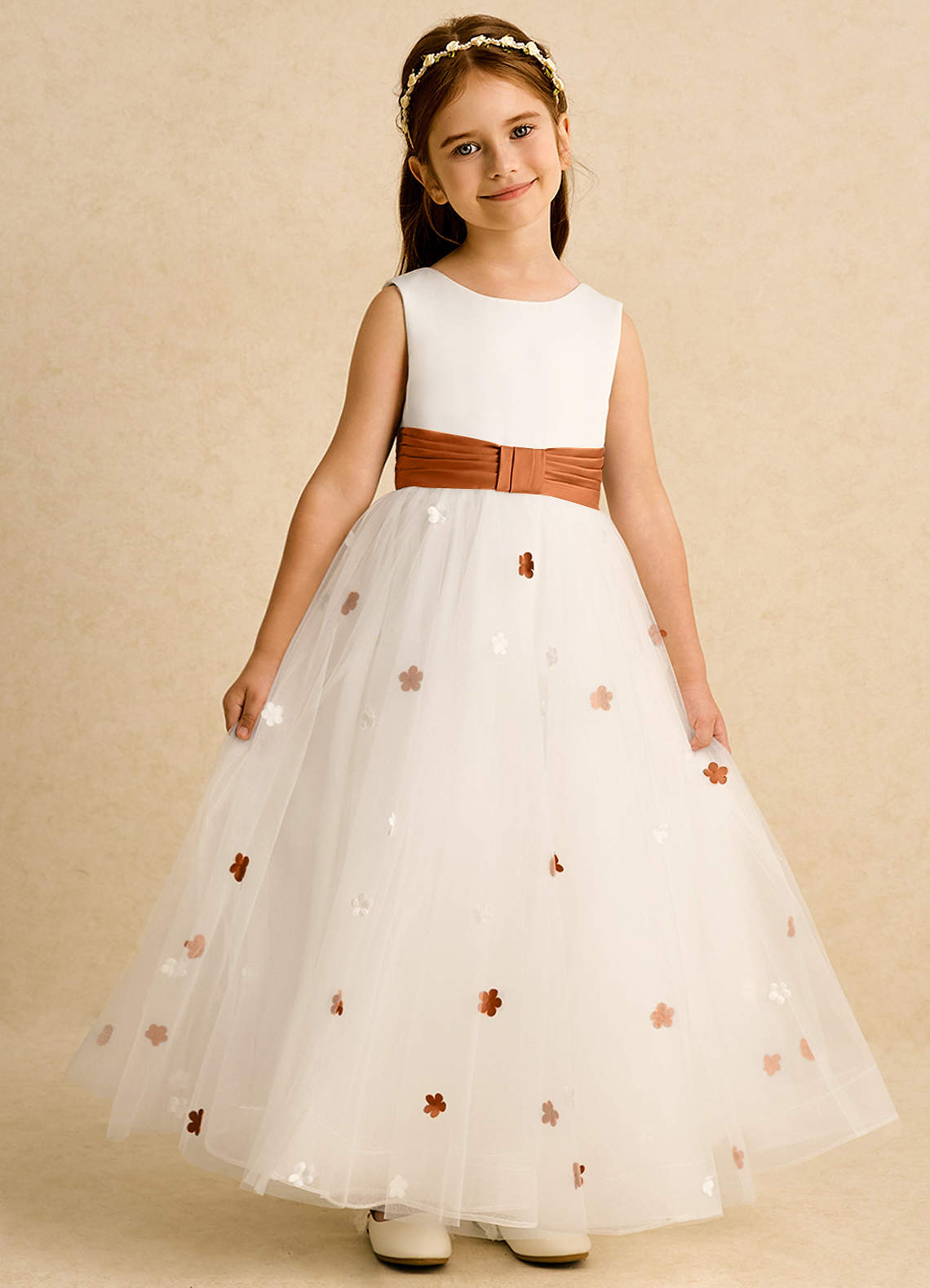 Azazie Cricket vestidos de niña de las flores Vestido de Marfil Cobre de Satin Mate de Princesa con Plisado image1