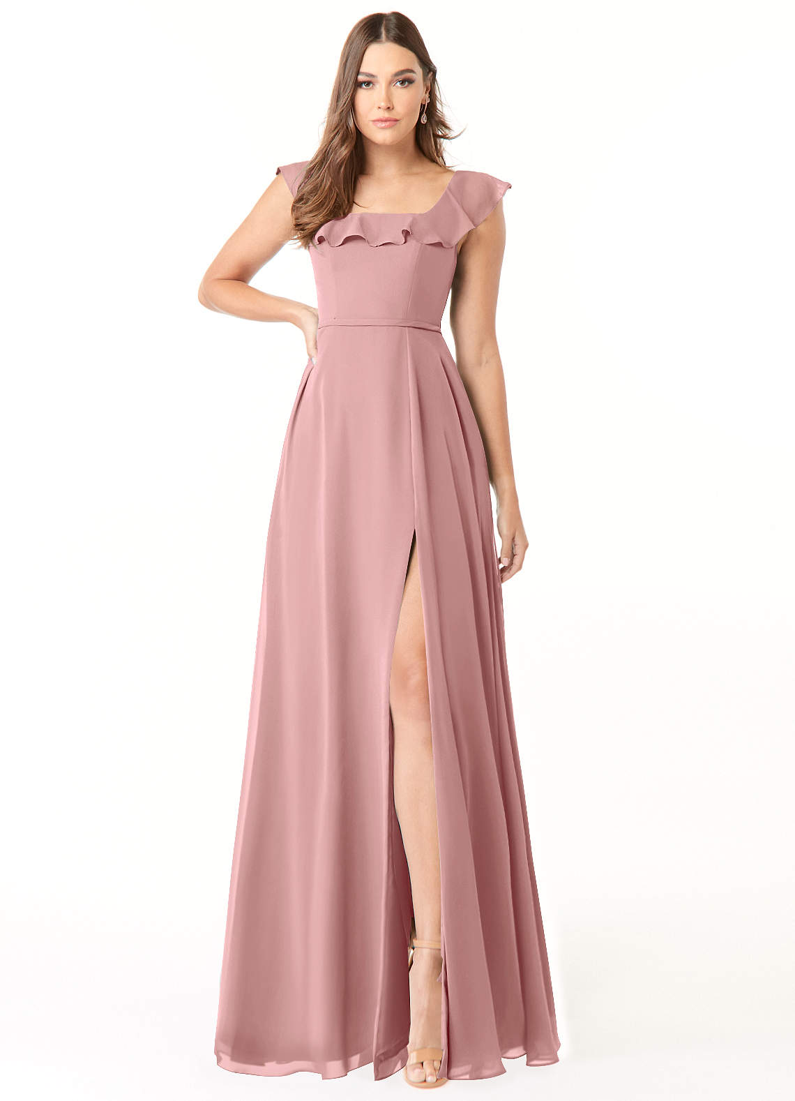 Azazie Jinny Brautjungfernkleider A-Linie Quadratischer Ausschnitt Gerüscht Chiffon Kleid Altrosa image1