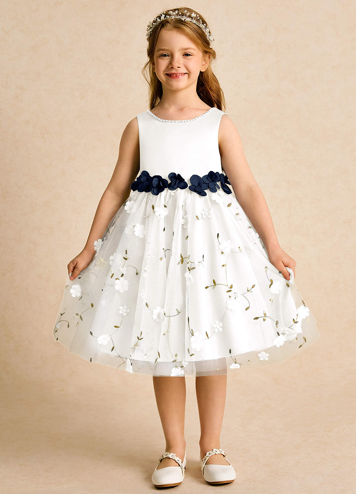 Azazie Starri Abiti da Ragazza di Fiori Abito Principessa in Raso Opaco Perline Avorio Blu Scuro image1