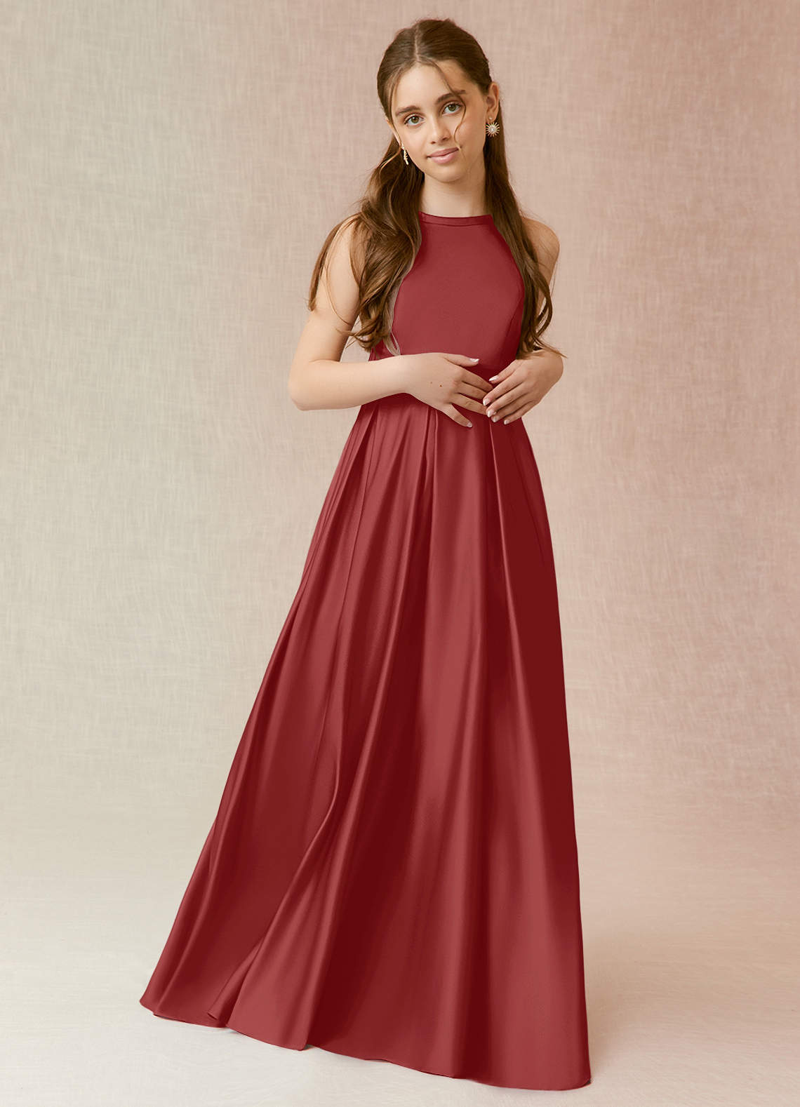 Azazie Arianthe Junior Rust A-Line with Pockets Matte Satin Dress image1