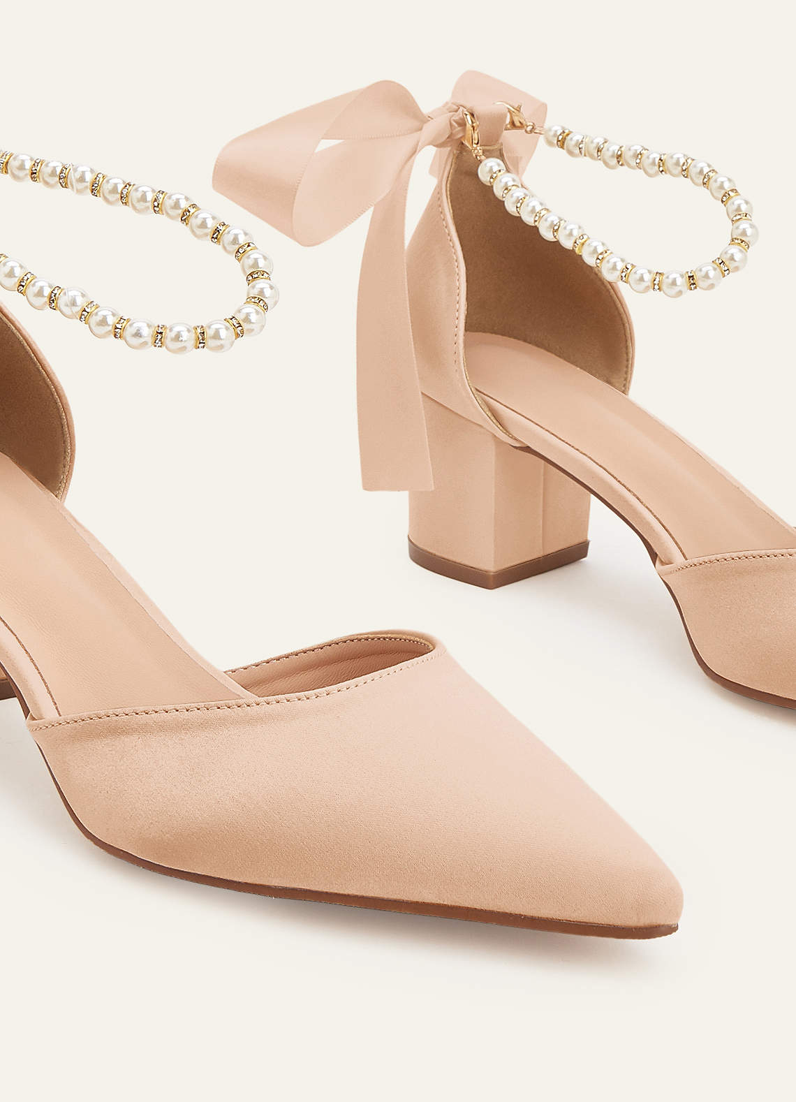 front Matching Color Matte Satin Pearl and Bow Pointed Toe Block Heels