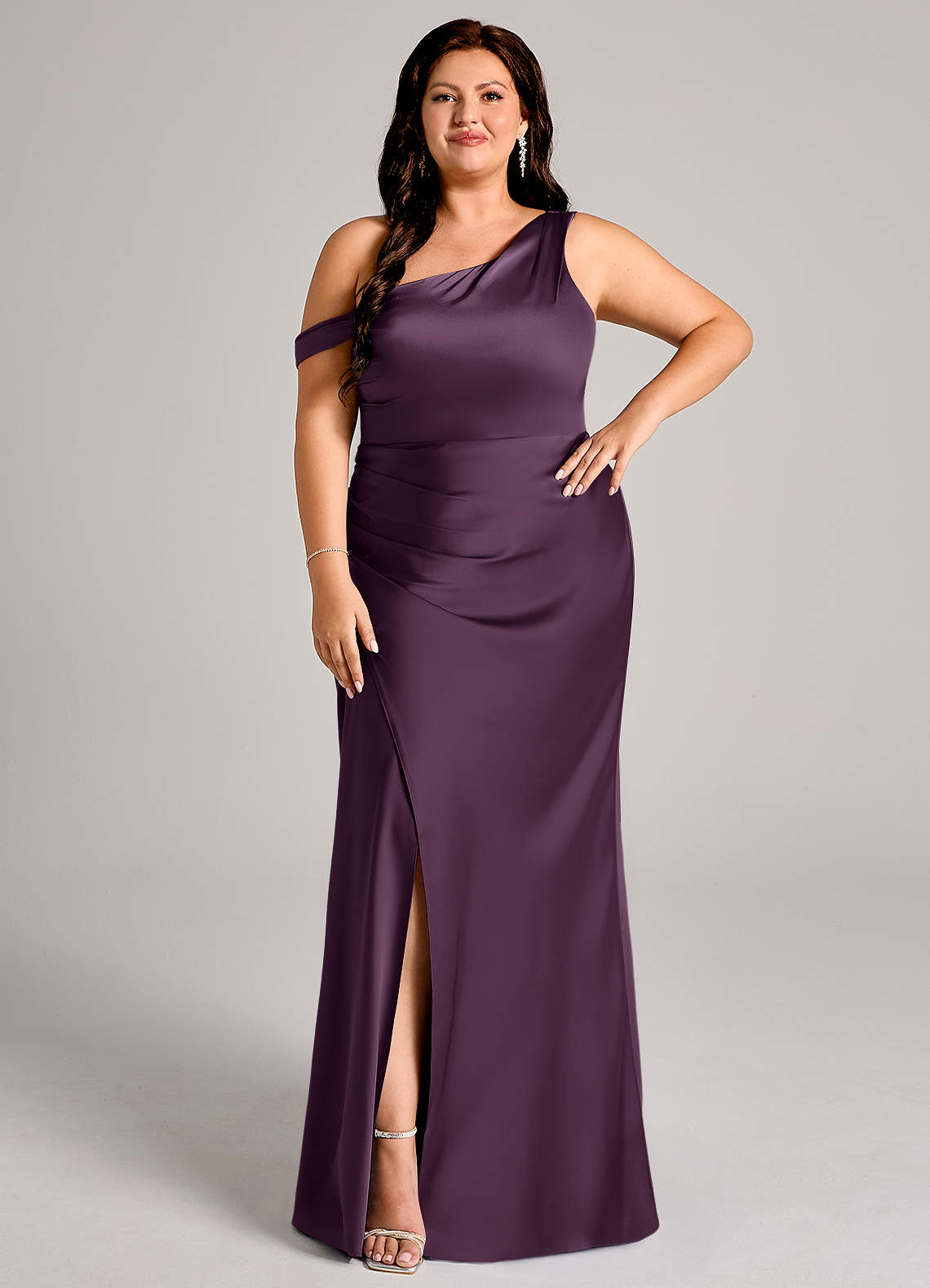 Azazie Madelyn Bridesmaid Dresses Plum Mermaid One Shoulder Stretch Satin Convertible Dress image1