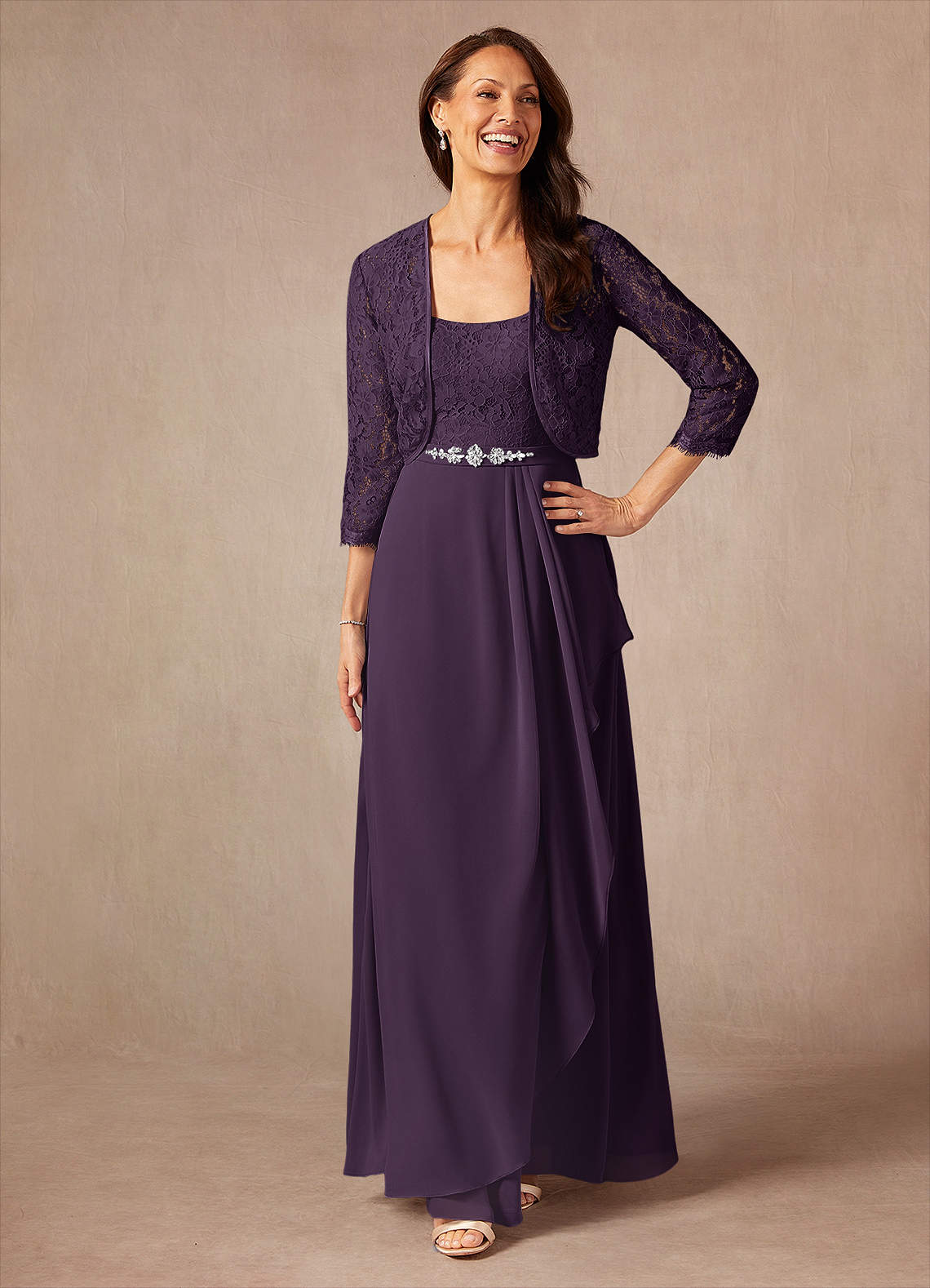 Azazie Ainsling Mother of the Bride Dresses Plum A-Line Square Neckline Lace Chiffon Dress image1