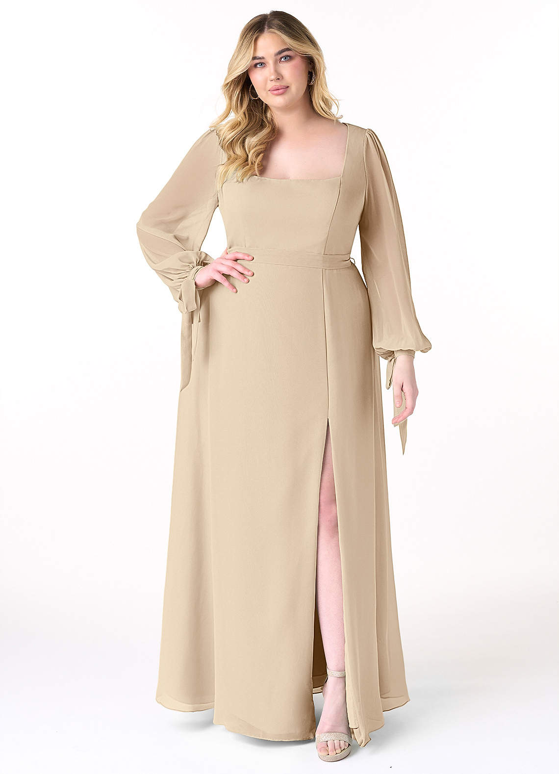Azazie Leonia Bridesmaid Dresses Champagne A-Line Long Sleeve Chiffon Dress image1