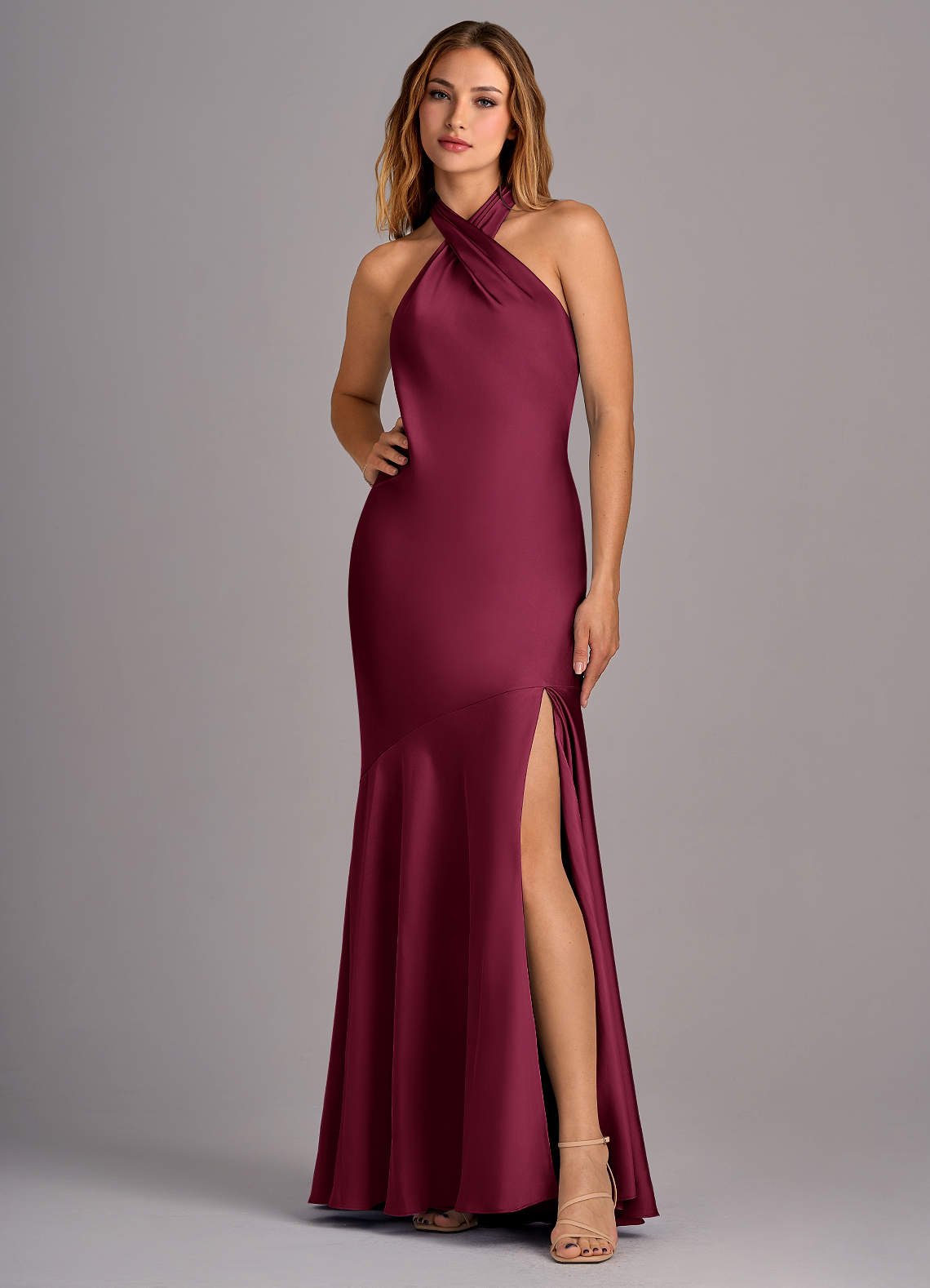 Azazie Lorena Bridesmaid Dresses Mulberry Mermaid Pleated Stretch Satin Dress image1