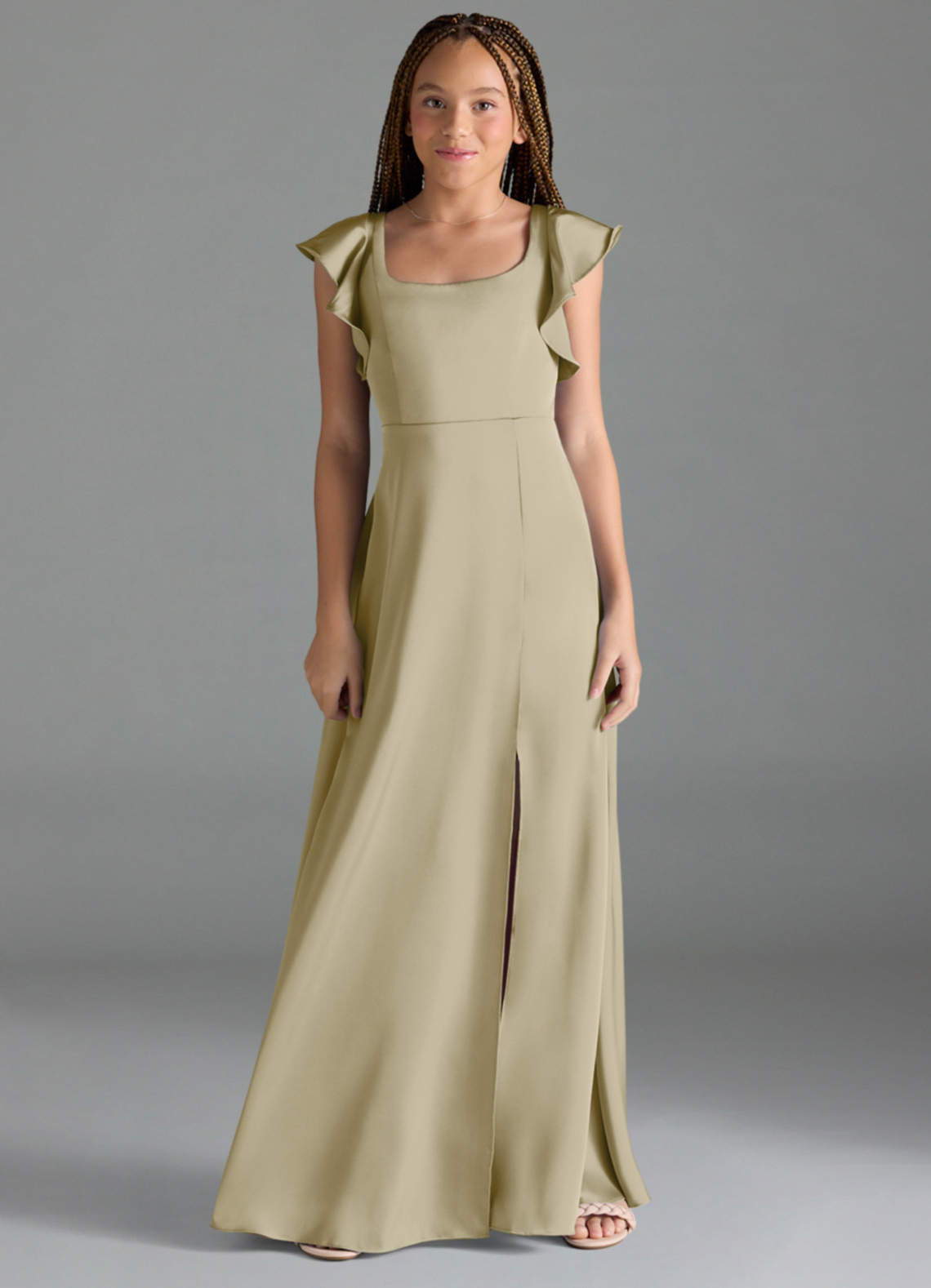 Azazie Bondi Junior A-Linie Seitliche Cut-Outs Stretch-Satin Kleid Moosgrün image1