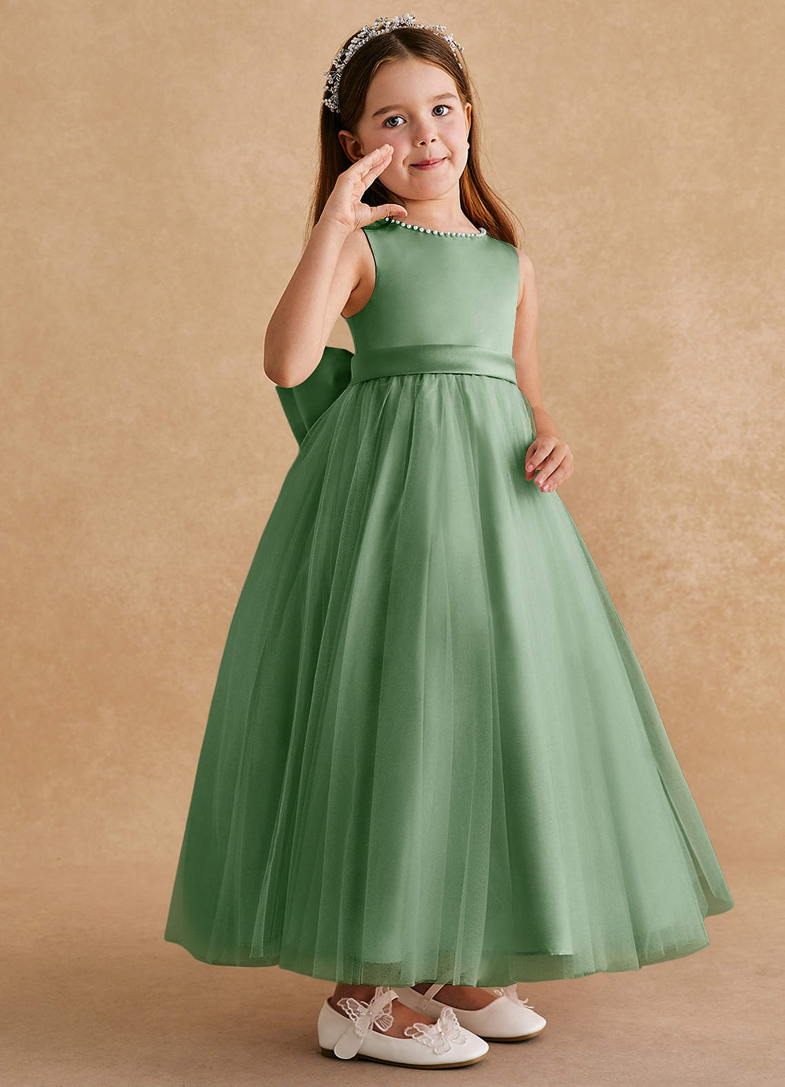 Azazie Cookie Flower Girl Dresses Matcha A-Line Bow Tulle Dress image1
