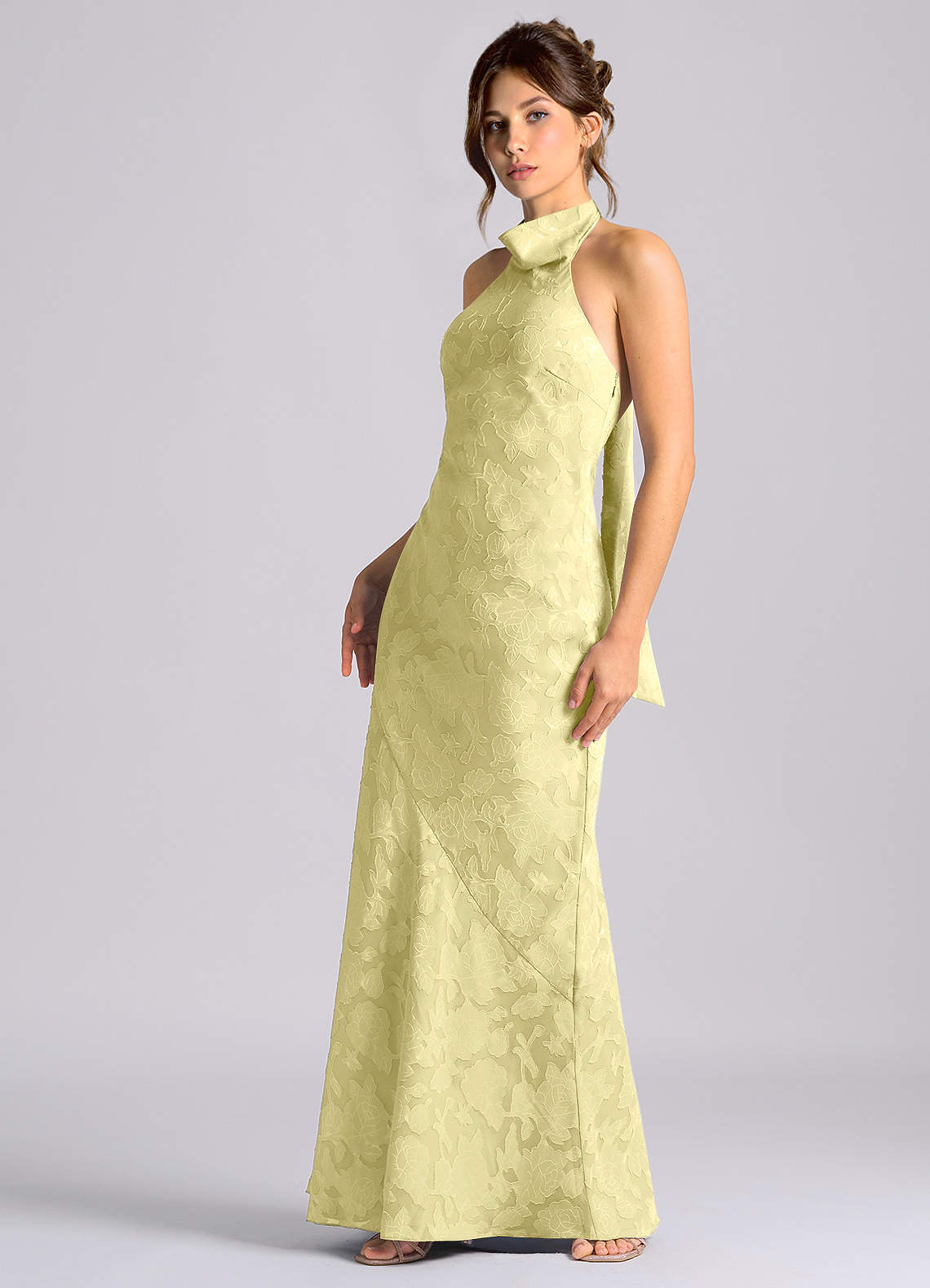 Azazie Velli Vestidos de damas de honor Vestido de Sorbete De Limón de Devorado Floral de Corte Sirena con Cuello Alto image5