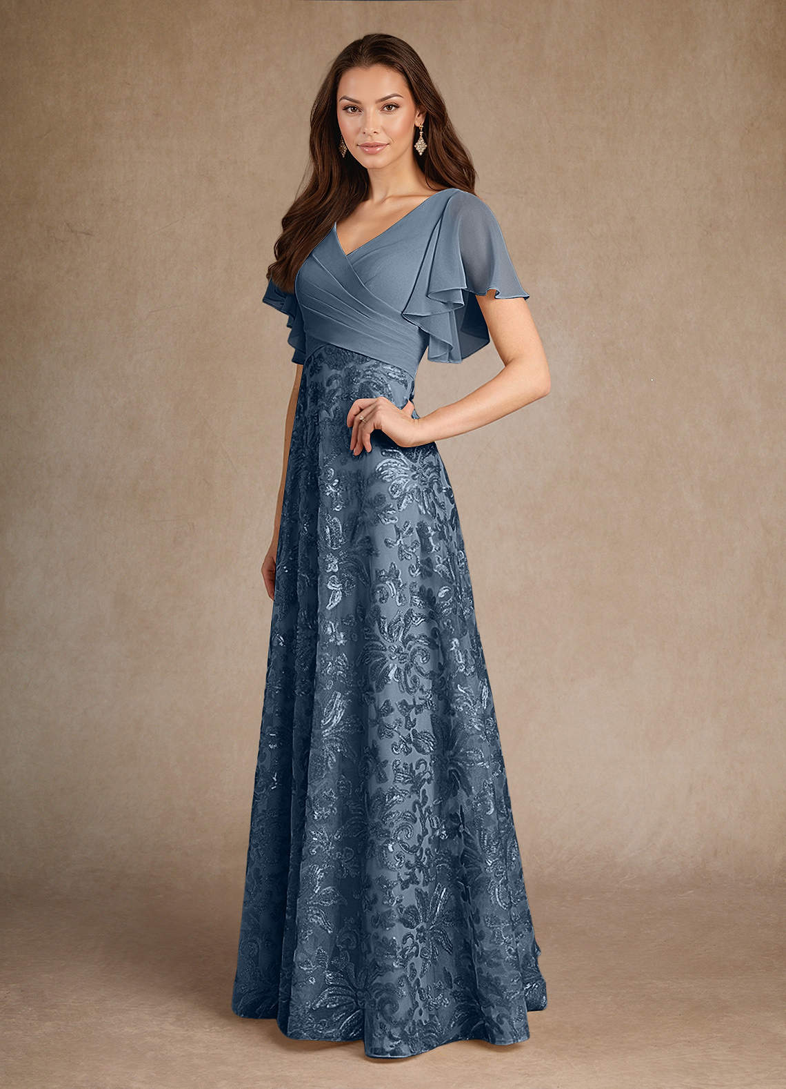 Azazie Fallon vestidos de madre de la novia Vestido de Azul Polvoriento de Encaje de Corte En A con Plisado image4