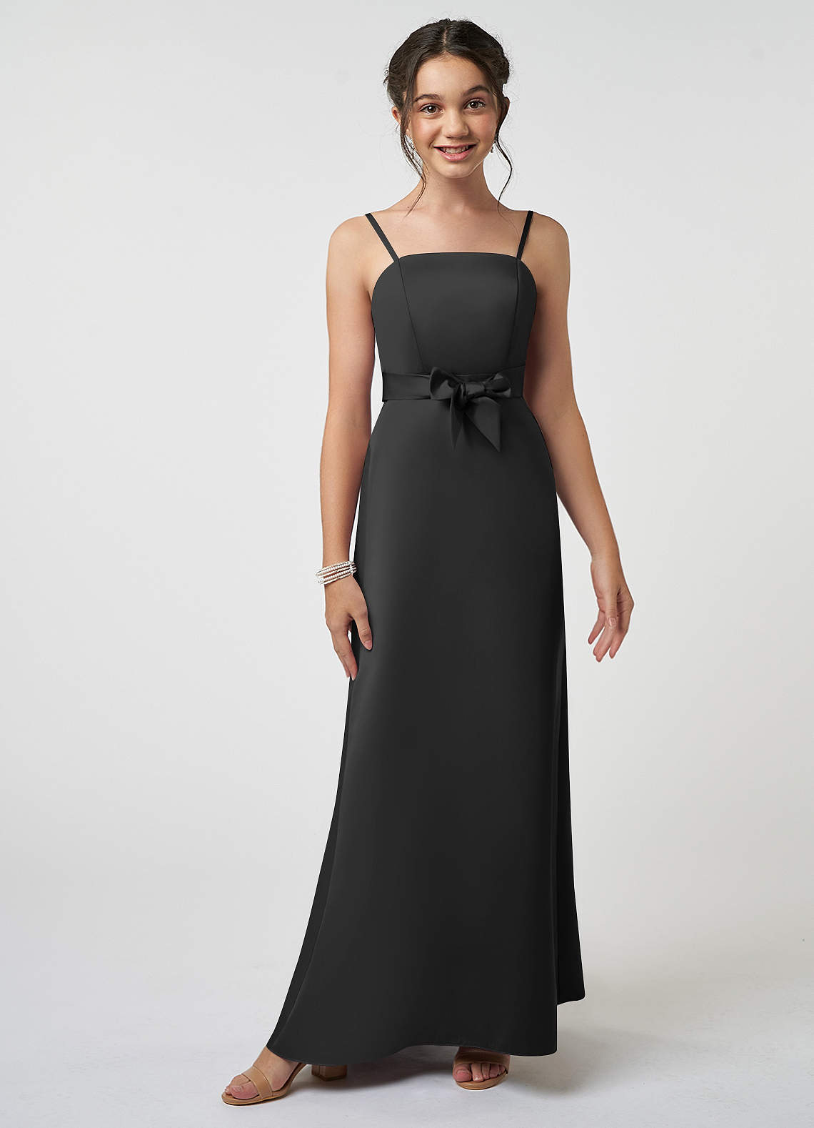 Azazie Anina Junior Black A-Line Bow Stretch Satin Dress image1