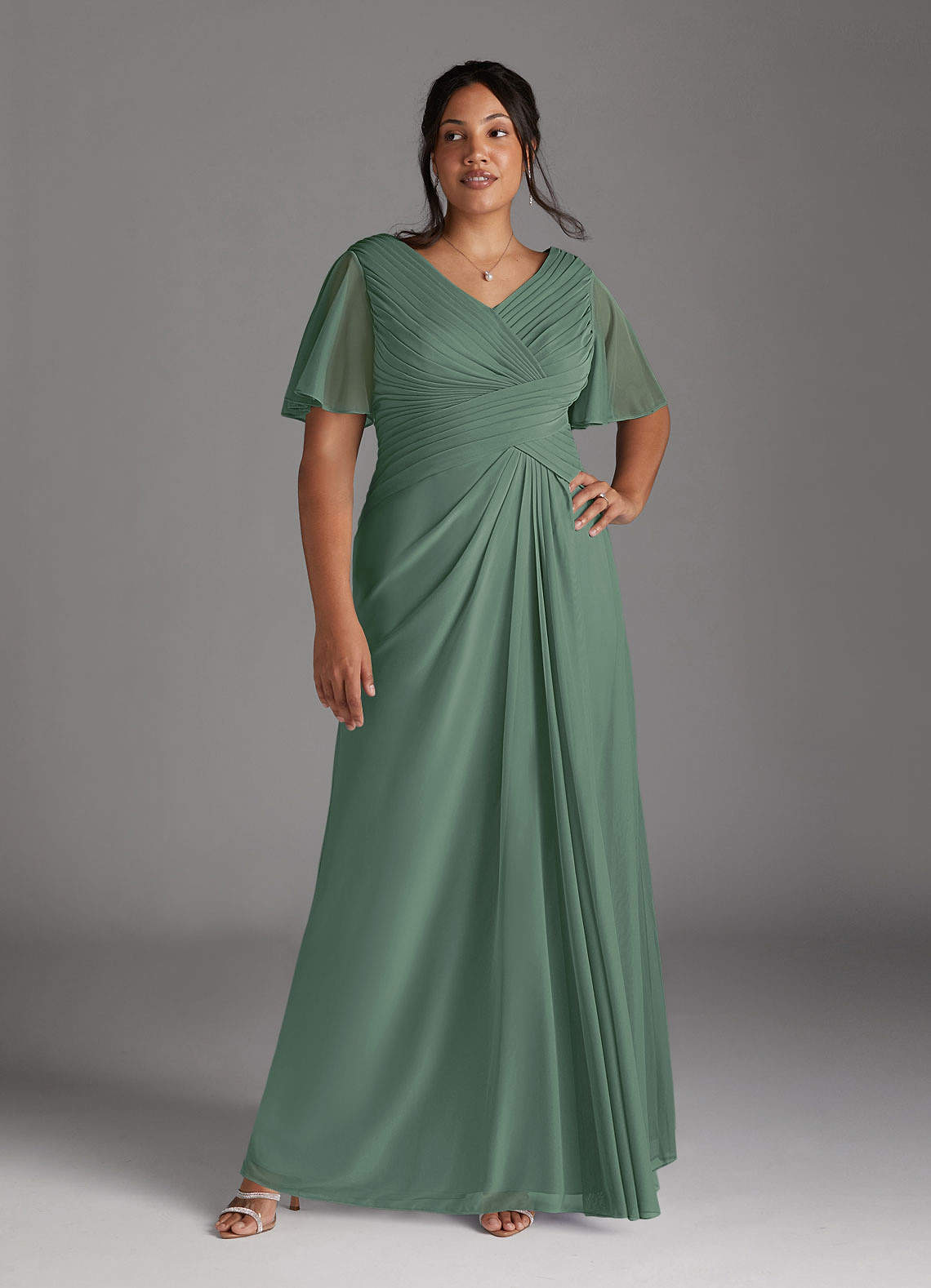 Azazie Emmeline Mother of the Bride Dresses Eucalyptus A-Line V-Neck Pleated Mesh Dress image8