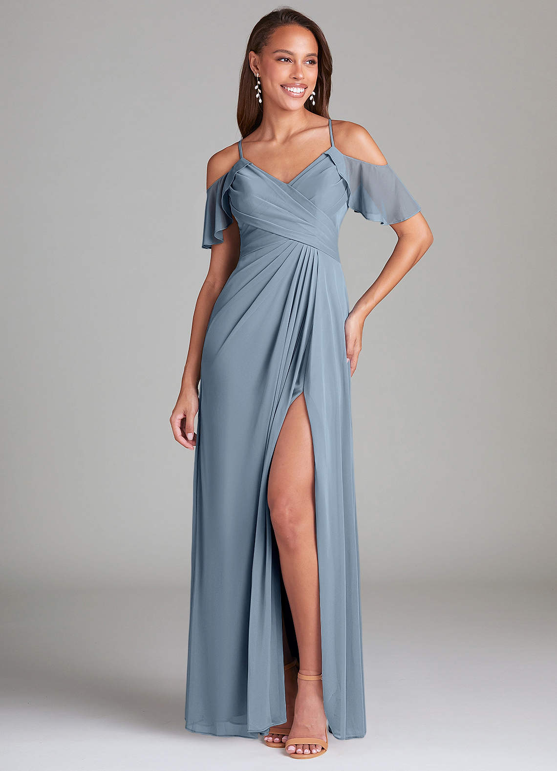 Azazie Dakota Brautjungfernkleider A-Linie Schulterfrei Gittergewebe Kleid Staubblau image1