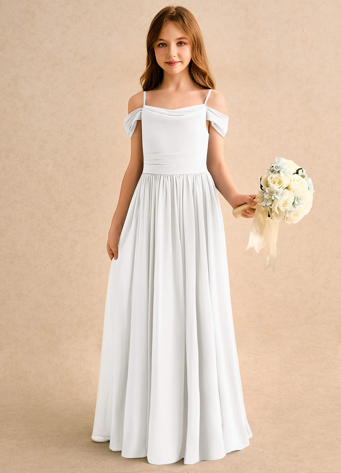 Azazie Shia Girls Formal Flower Girl Dresses Ivory A-Line Off the Shoulder Chiffon Dress image3