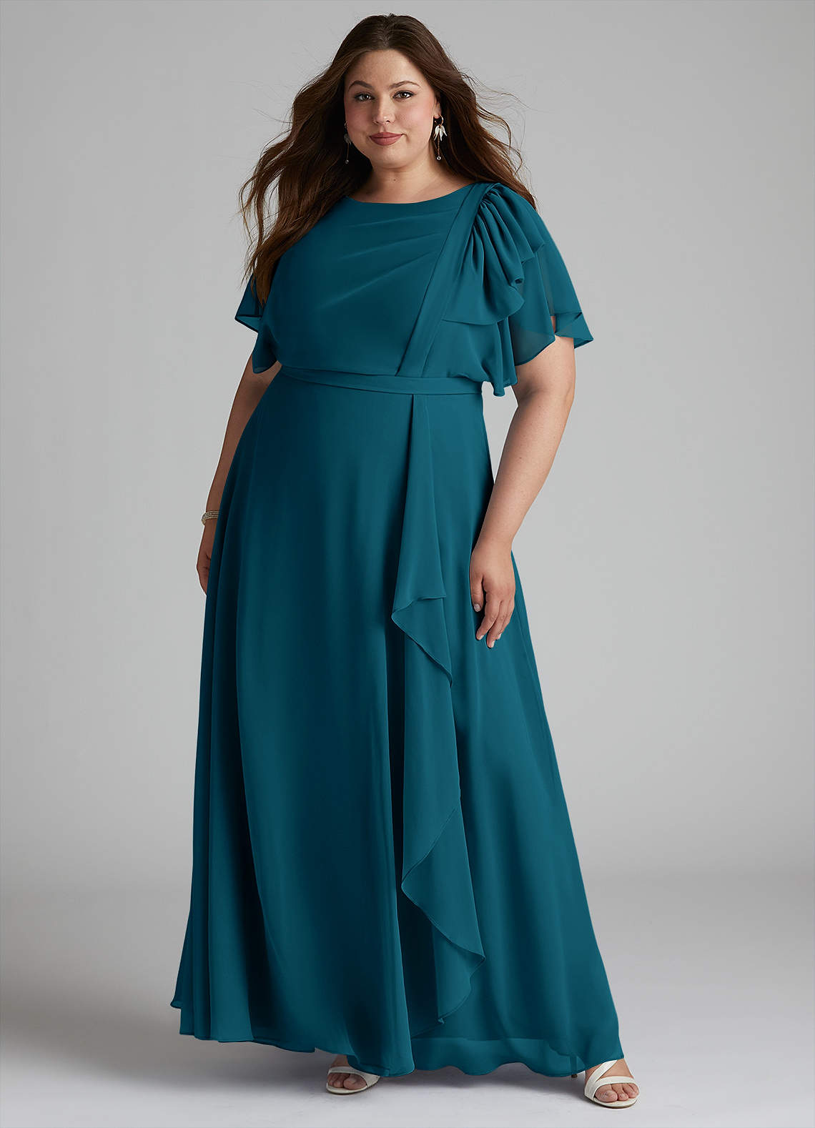 Azazie Aaliyah Modest Bridesmaid Dresses A-Line Scoop Pleated Chiffon Floor-Length Dress image1