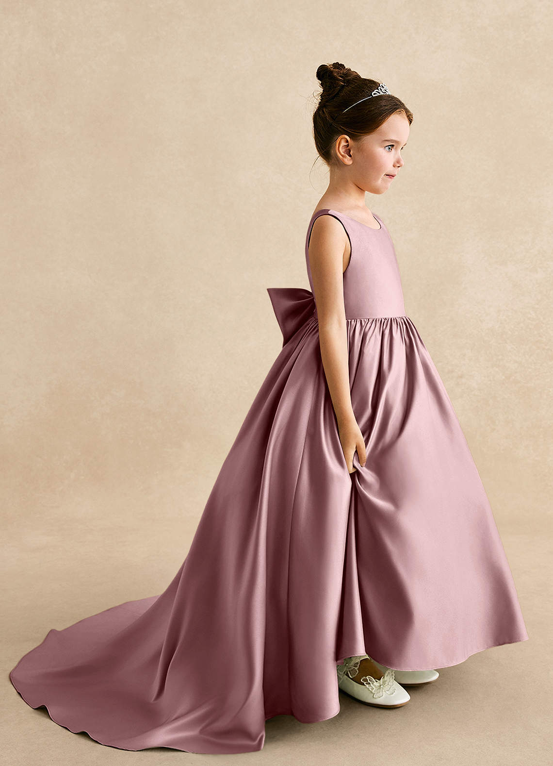 Azazie Mimia Flower Girl Dresses Dusty Rose A-Line Bow Matte Satin Dress image1