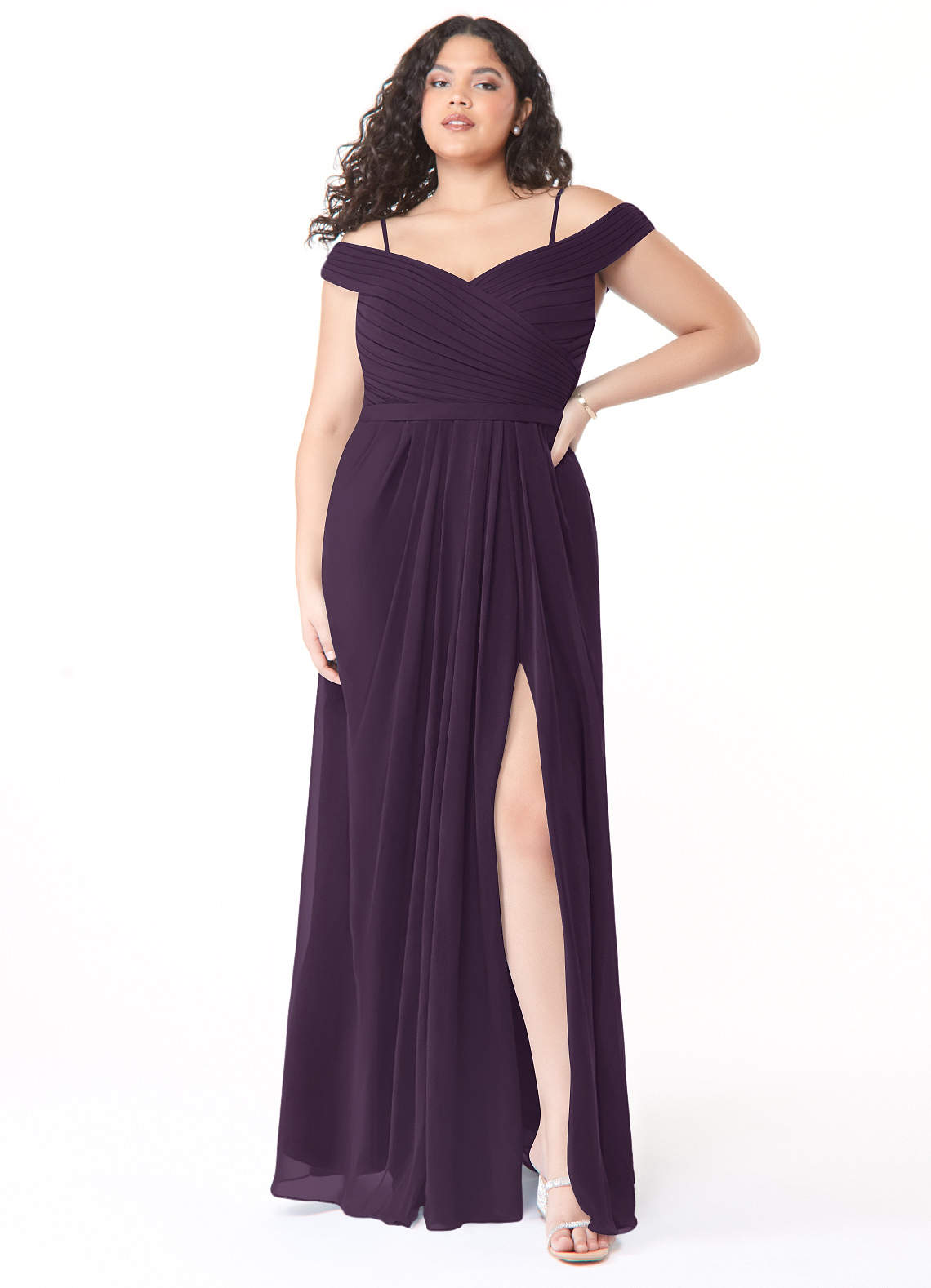 Azazie Audrianna Bridesmaid Dresses Plum A-Line Off-The-Shoulder Gathered Chiffon Convertible Dress image1