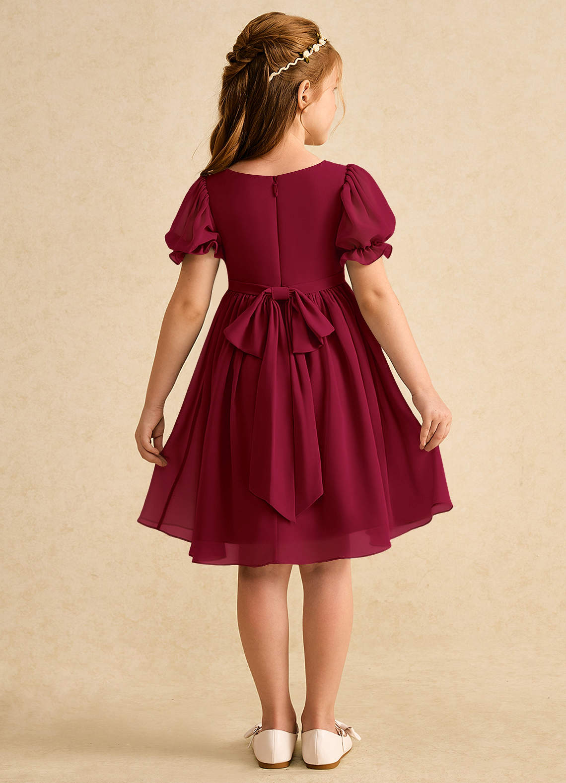Azazie Jolie Flower Girl Dresses Burgundy A-Line with Sleeves Chiffon Dress image1