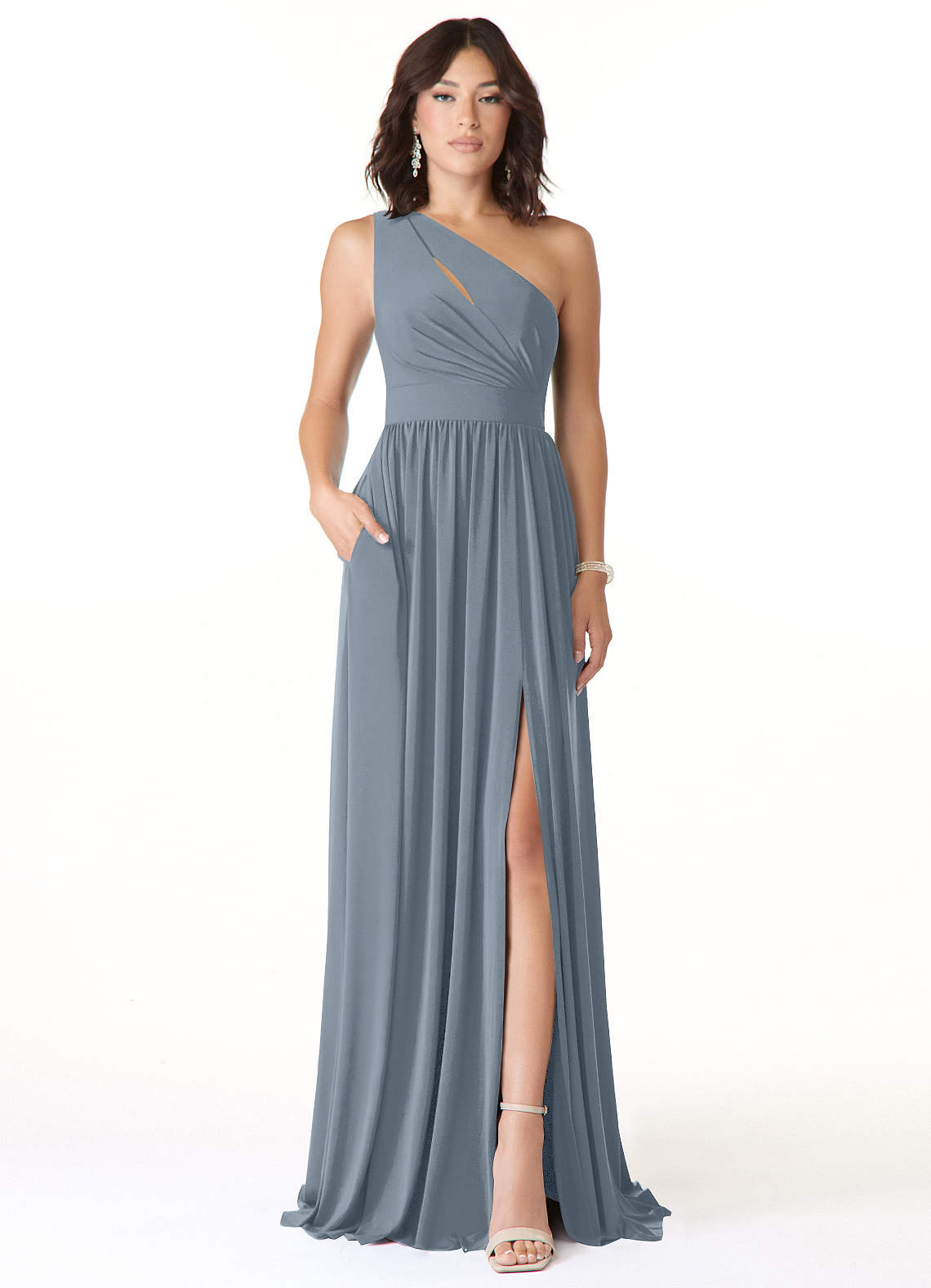 dusty blue one shoulder dress Halle Enchanting One Shoulder Ruched Slit Chiffon Bridesmaid Dresses main image 1