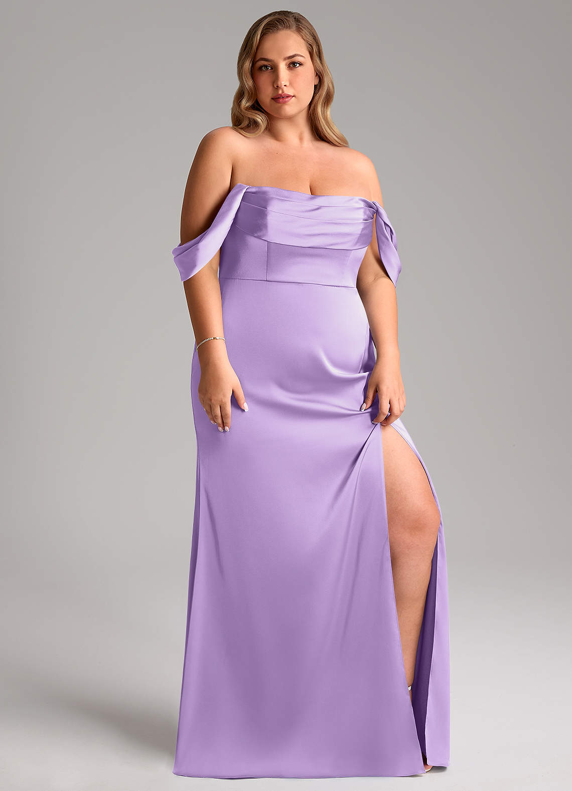 Azazie Saige Bridesmaid Dresses Lilac Sheath Off the Shoulder Stretch Satin Dress image12