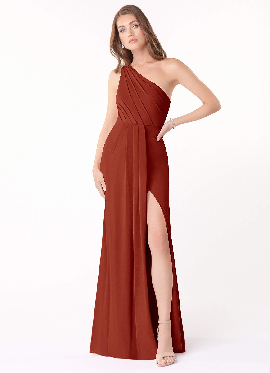 Azazie Madi Final Sale Desert Rose A-Line One Shoulder Stretch Chiffon Dress image1