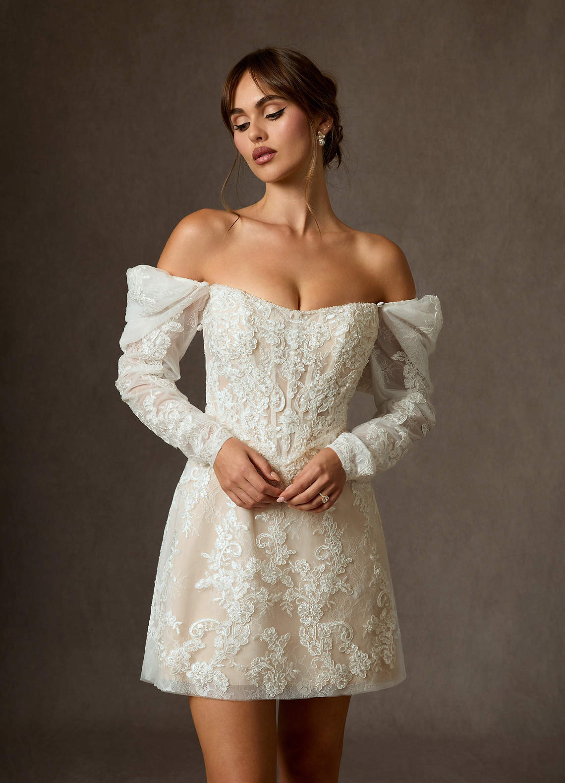 Azazie 2026 A-Line Little White Dresses Diamond White/Champagne Wedding Dress Mini Lace Sweetheart Beaded
