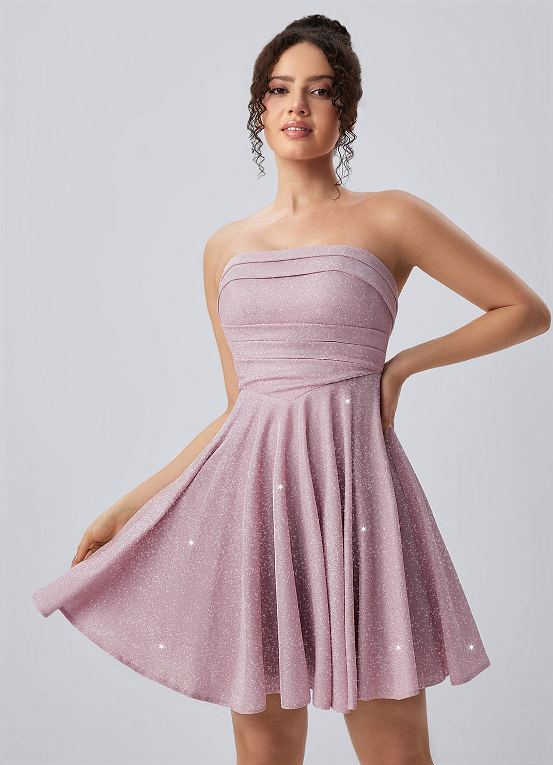 pink glitter ruched dress Jacinthe Strapless Lace-Up Skater Mini Prom and Homecoming Dresses size:18