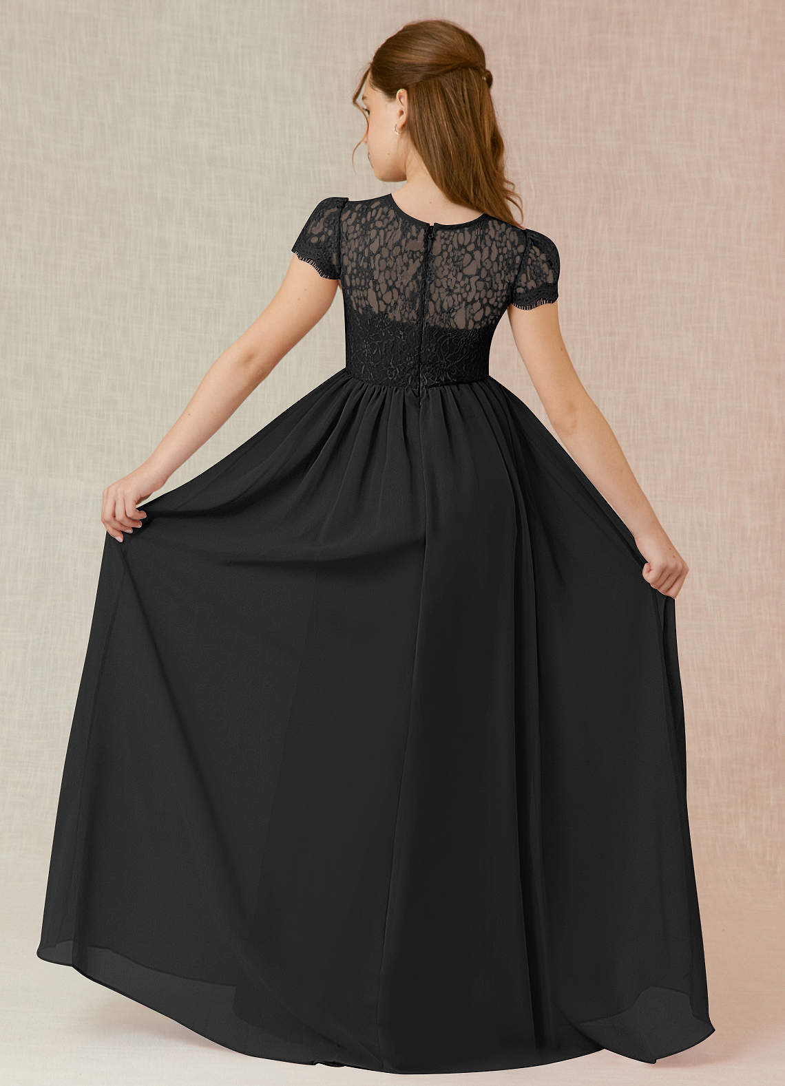 Azazie Delevingne Junior Linia A Koronka Szyfon Długość podłogi Młodsza druhna Sukienka image1