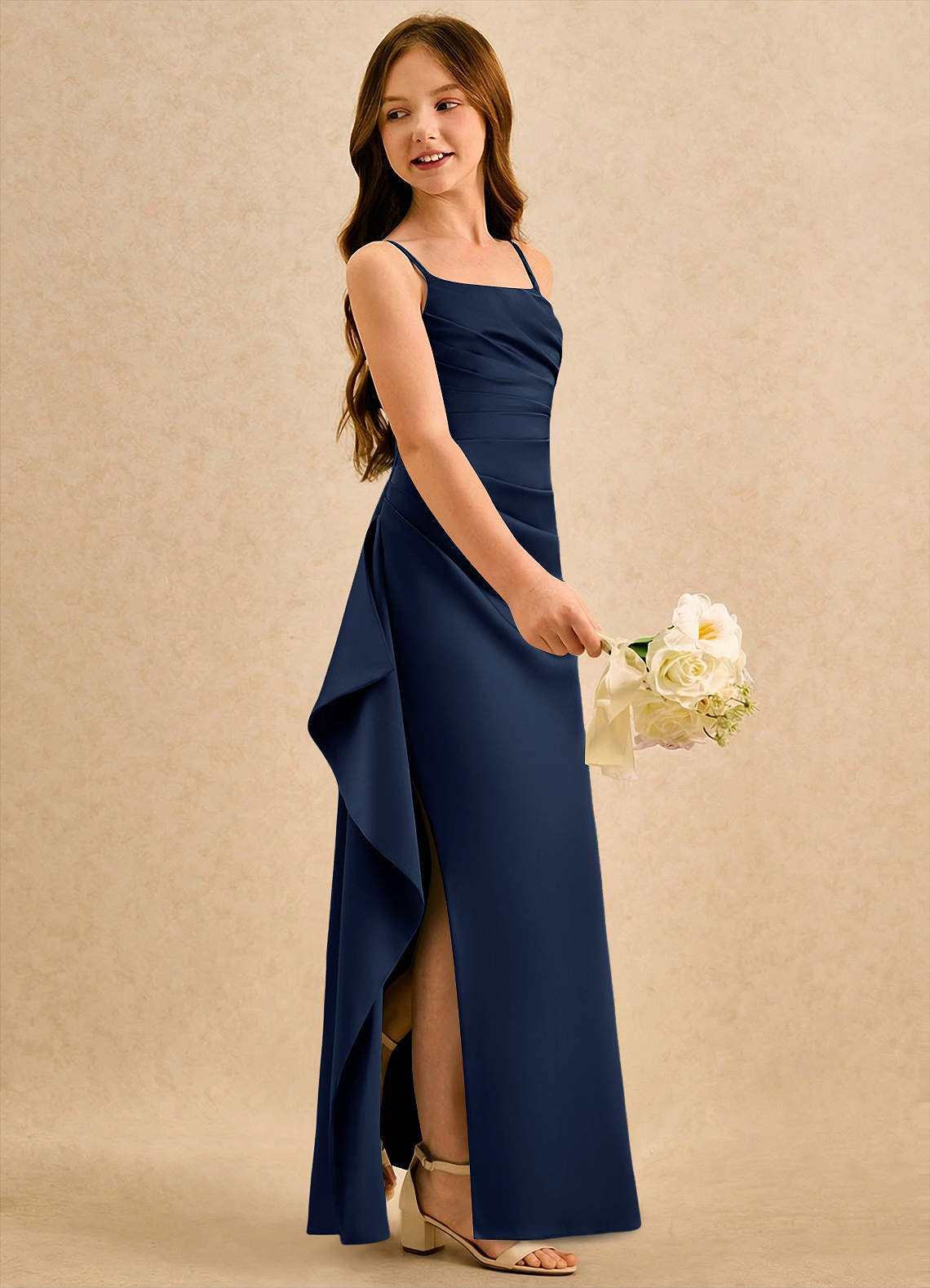Azazie Cannoli Girls Formal Flower Girl Dresses Dark Navy A-Line Pleated Matte Satin Dress image3