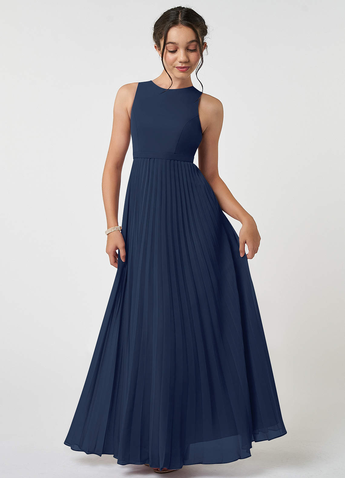 Azazie Lindie Junior A-Linie Plissee Chiffon Kleid Dunkelmarine image1