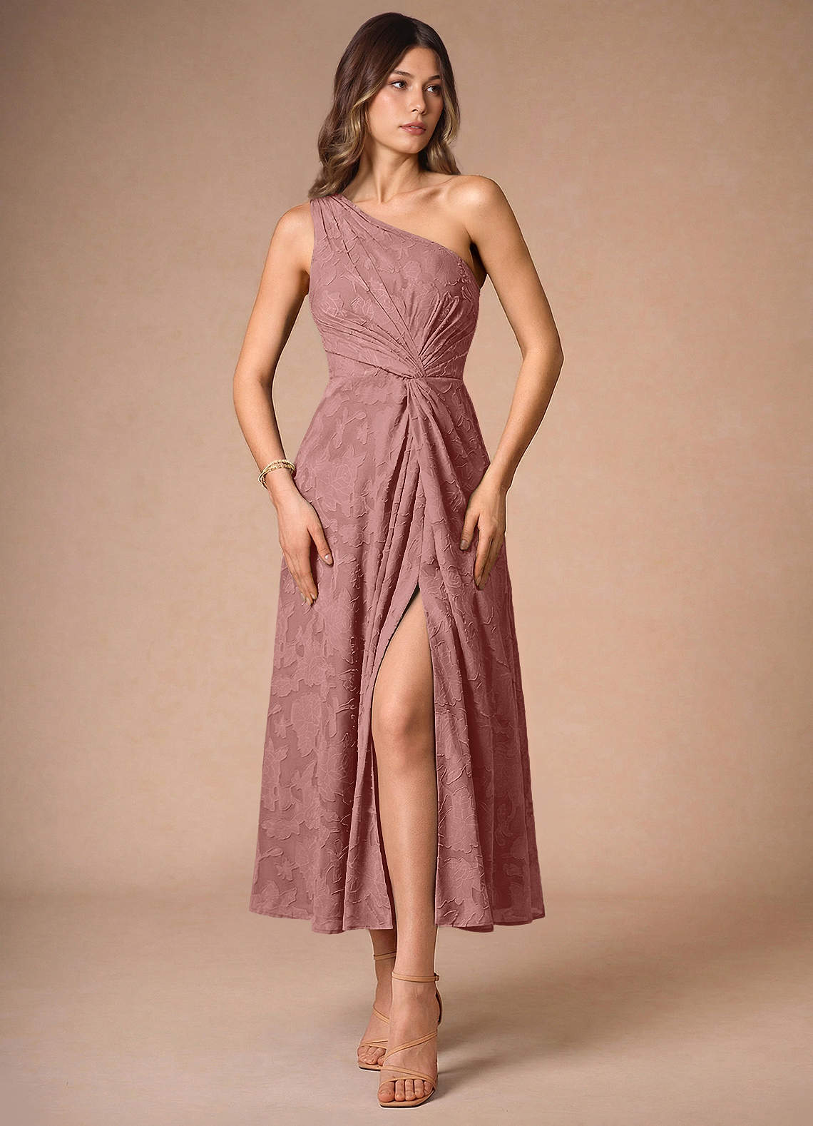 Azazie One Shoulder A-Line Midi Dresses in Light Pink