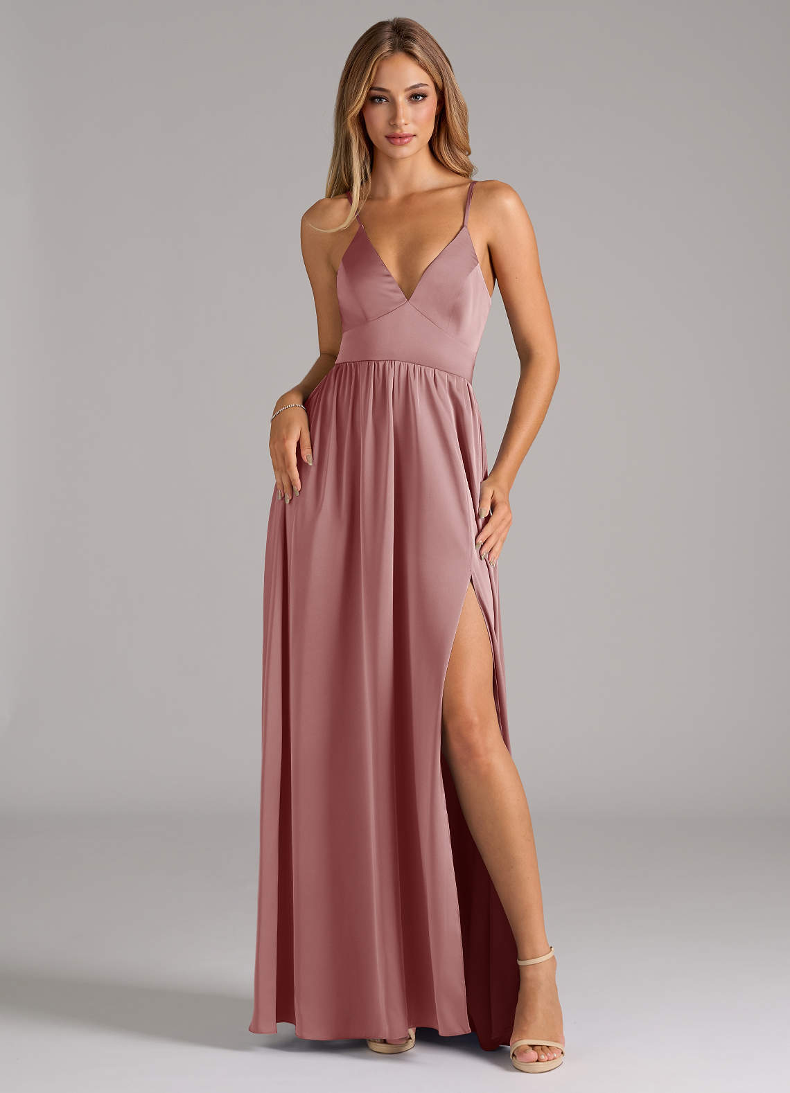 Azazie Aaida Bridesmaid Dresses Dusty Rose A-Line Corset Stretch Satin Dress image1