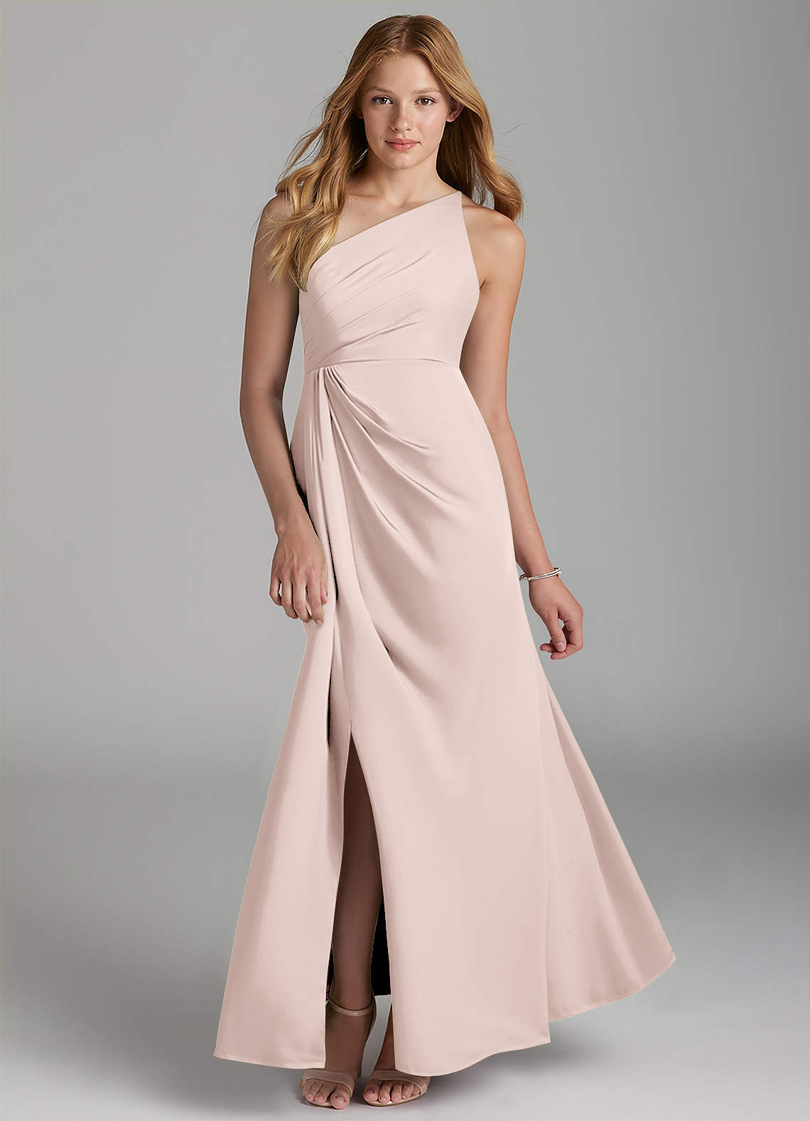 Azazie Mika Junior A-Linie Plissee Stretch-Satin Kleid Zartrosa image1