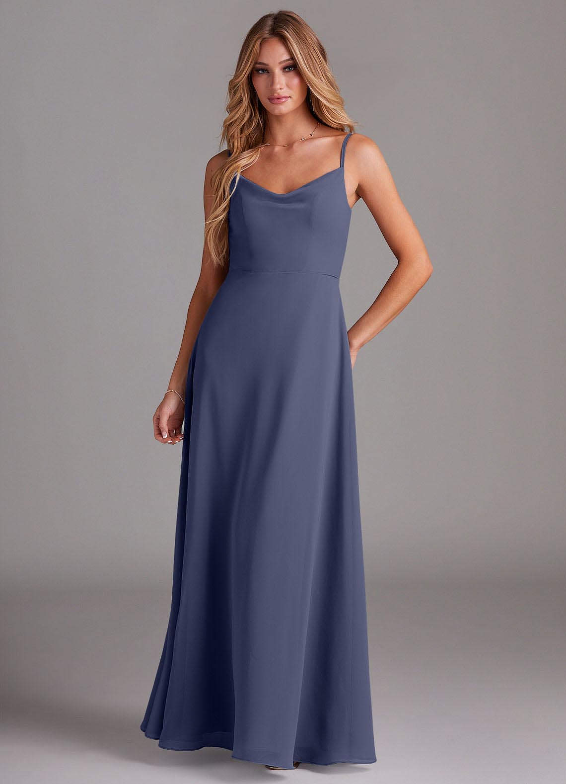 Azazie A-Line Cowl Floor-Length Chiffon Bridesmaid Dresses - Stormy