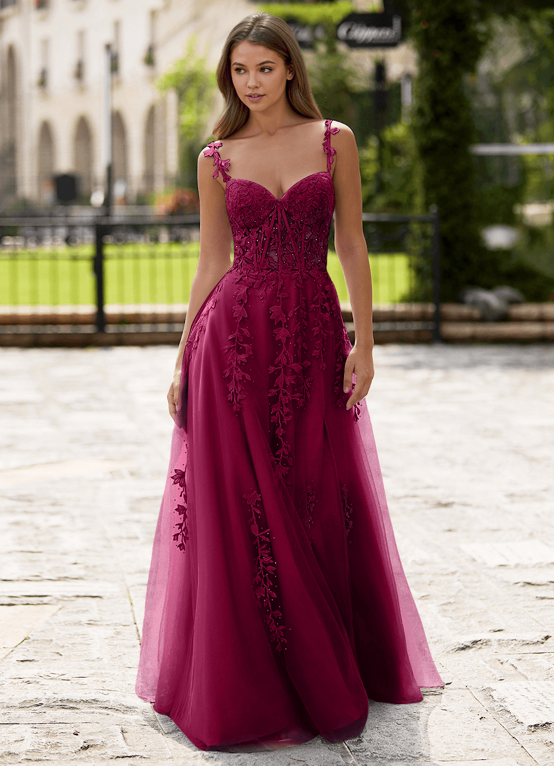 Azazie Burgundy A-Line Floor-Length Quinceañera Dresses Lace Rhinestones Corset Leg Slit Tulle Lace Sweetheart