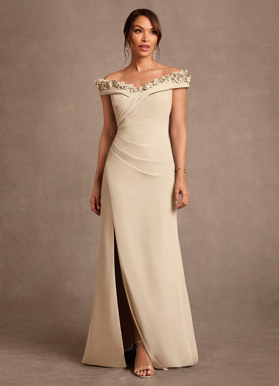 Azazie Jettie Champagne Sheath Pleated Chiffon Dress | Azazie