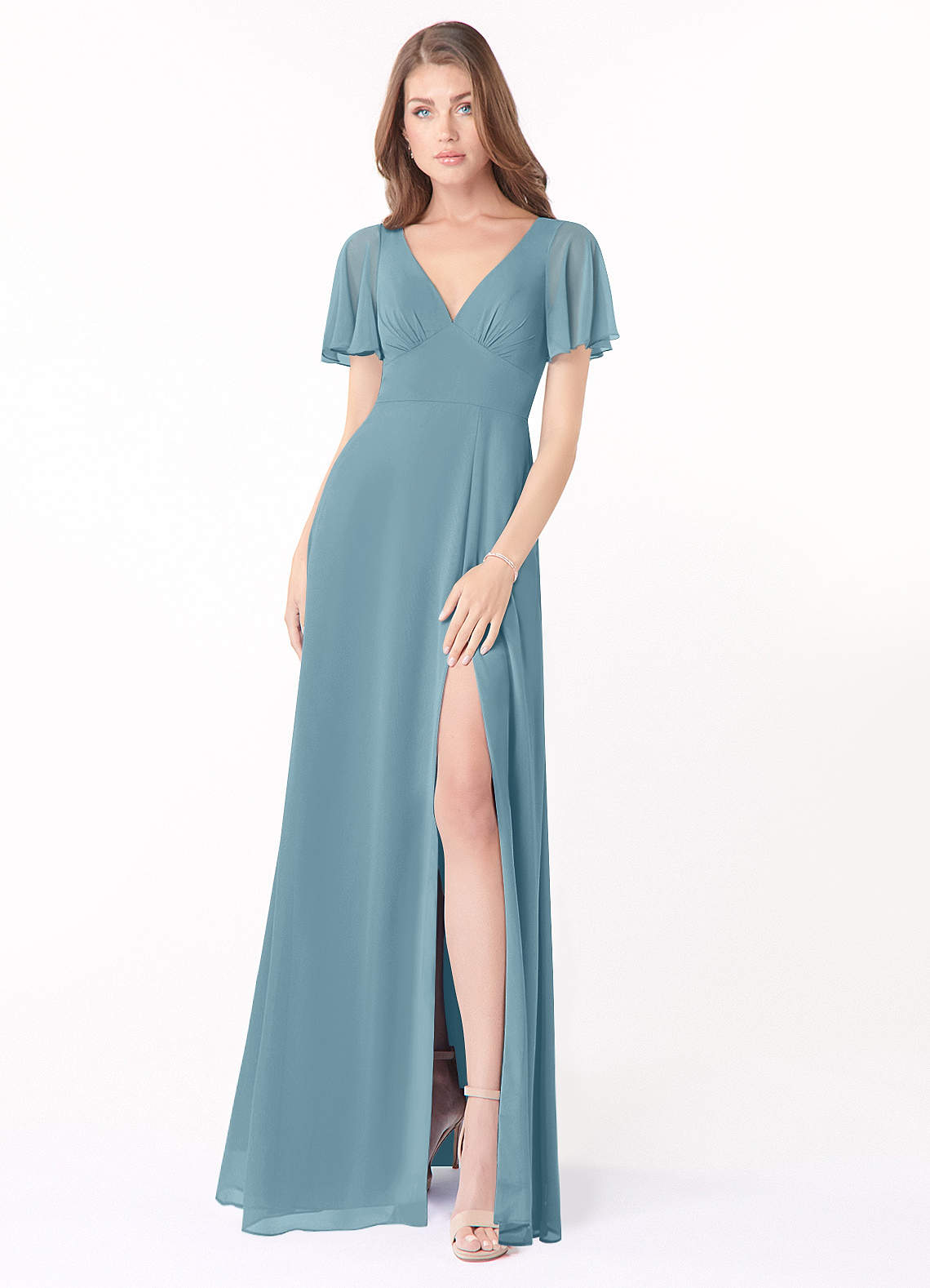 Azazie Kimber Bridesmaid Dresses Moody Blue A-Line Flounce Sleeve Chiffon Dress image1