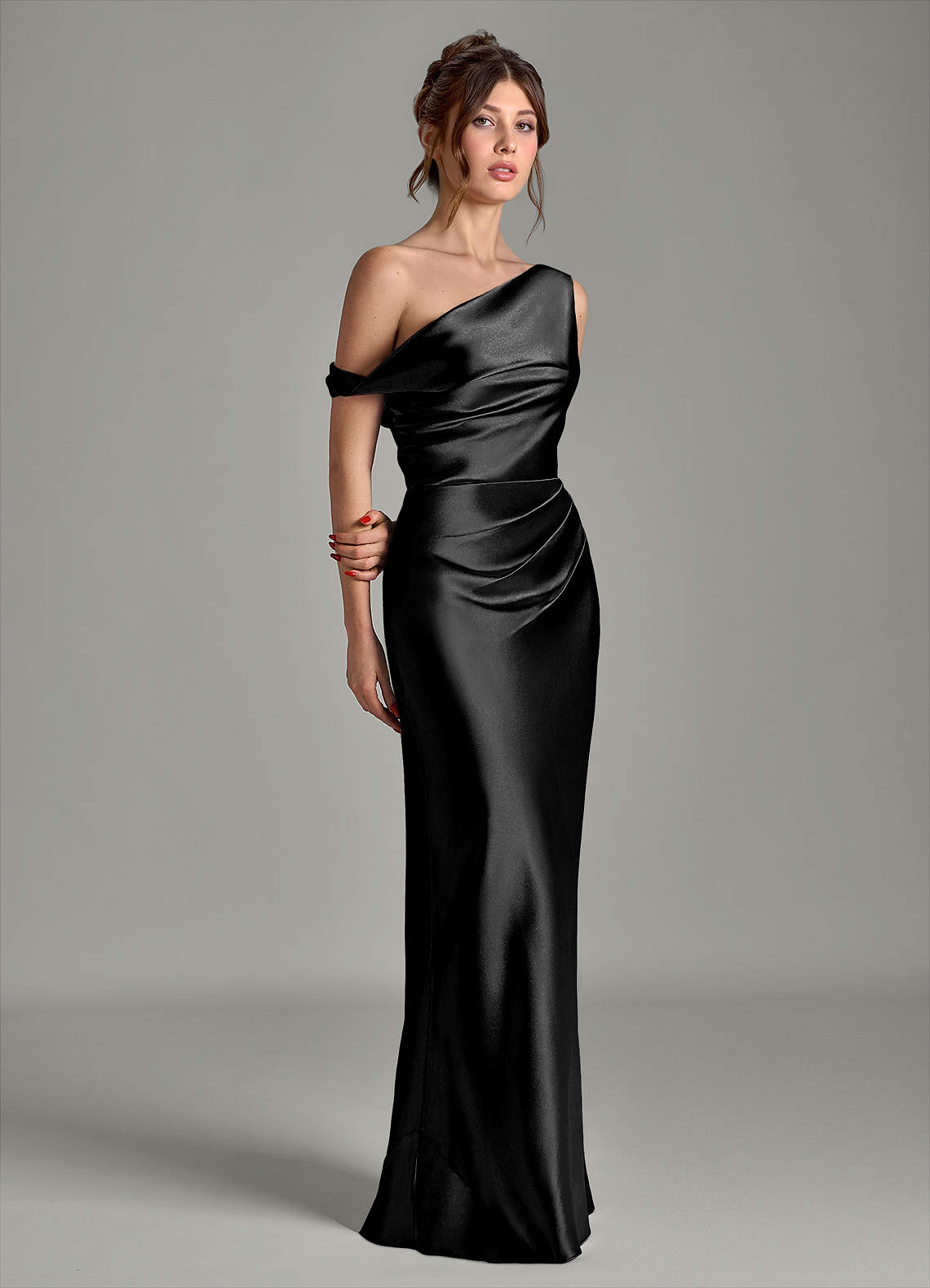 Azazie Emerson At-home Try On Dresses Black Mermaid Off the Shoulder Metallic Satin Dress image4