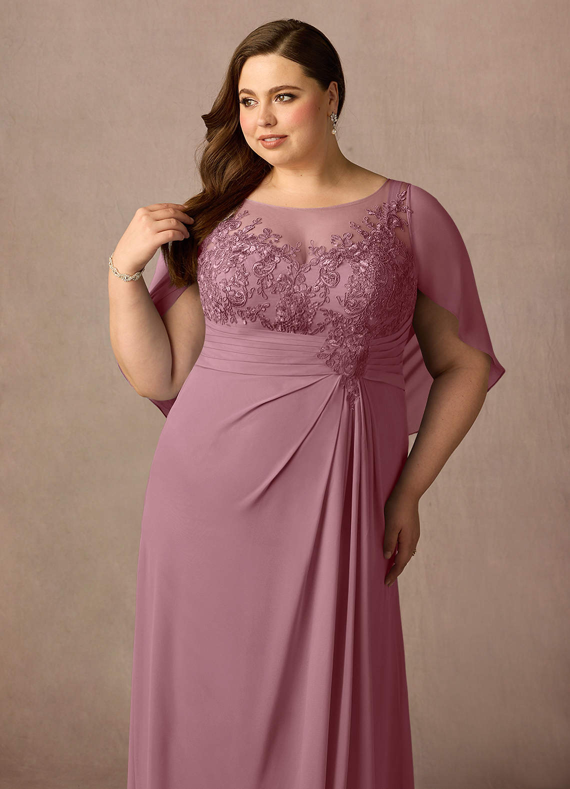 Azazie Hera Vintage Mauve A-Line Lace Capelet Chiffon Dress