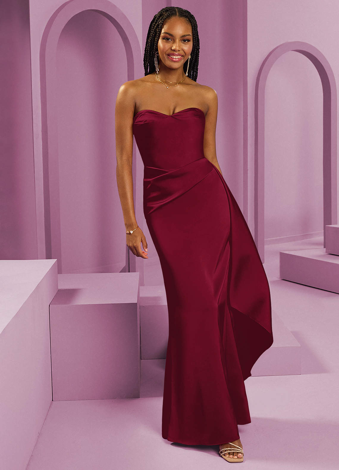 Barbie ♥ Azazie Bridesmaid Dresses Burgundy Sheath Strapless Stretch Satin Convertible Dress image1