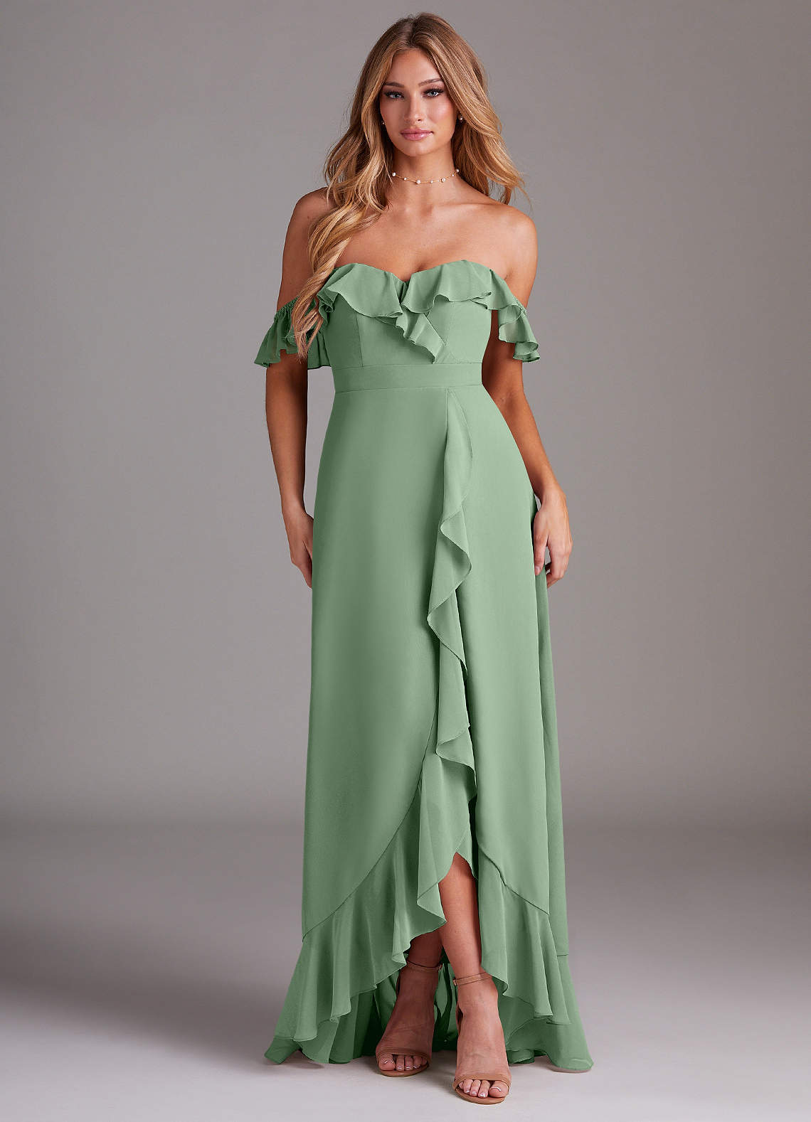 Azazie Lyra Robes de demoiselle d'honneur Robe Trapèze Convertible en Mousseline de soie Matcha image1