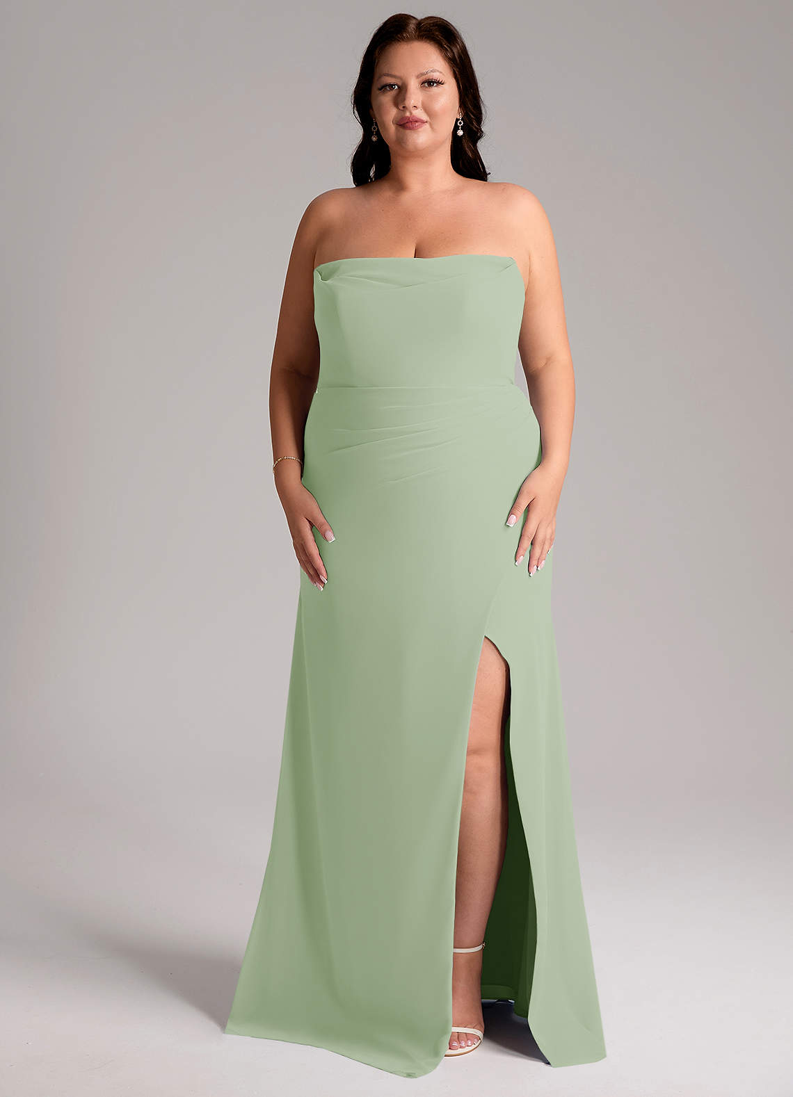 Azazie Leonis Vestidos de madrinha de casamento Vestido Dusty Sage de Chiffon de Bainha com Sem alças image10