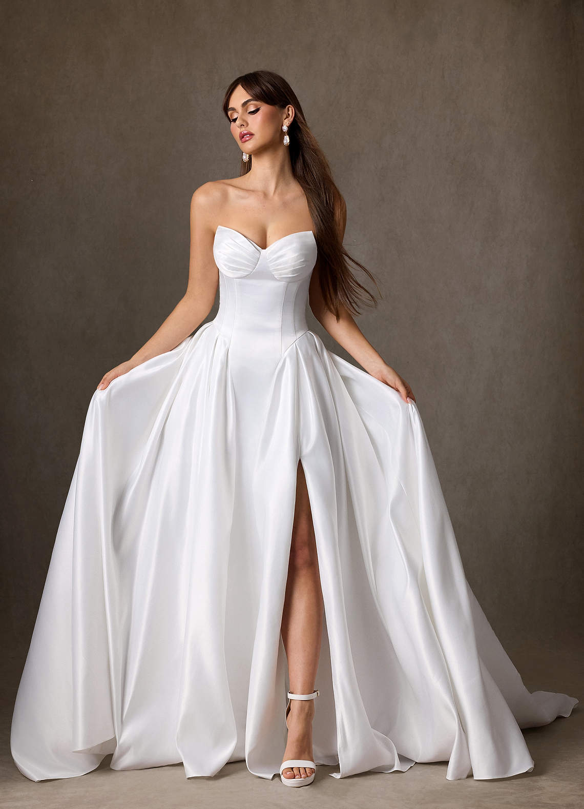 Azazie Constantina Diamond White A-Line Strapless Satin Dress | Azazie Azazie Constantina Diamond White A-Line Strapless Satin Dress | Azazie