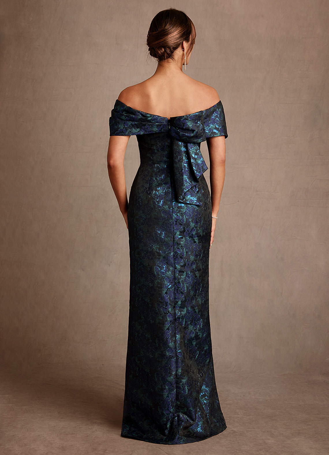 Azazie Zion Mother of the Bride Dresses Dark Navy Sheath Off the Shoulder Floral Jacquard Dress image1
