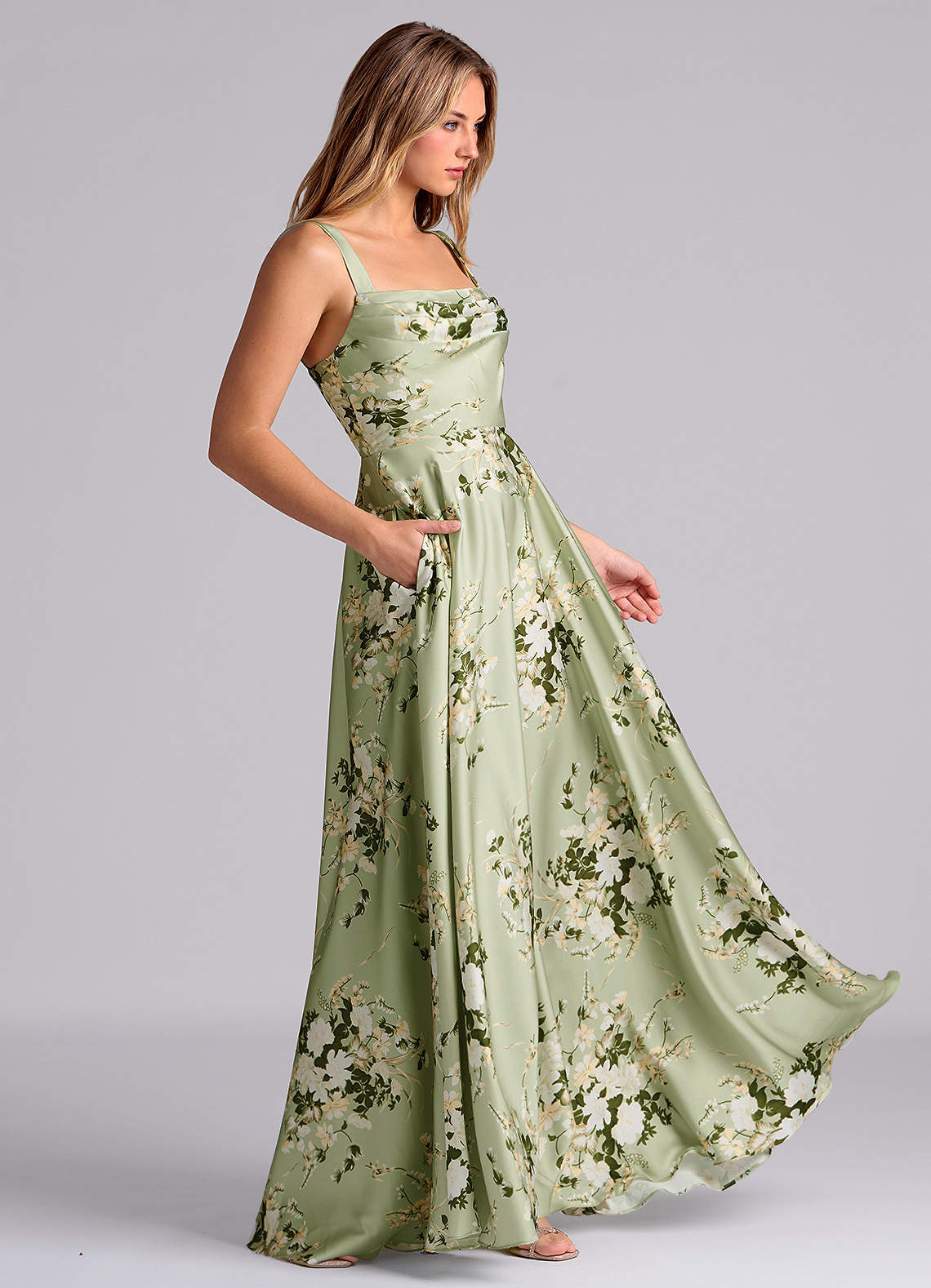 Azazie Shaude Bridesmaid Dresses Floral Vines A-Line Pleated Stretch Satin Dress image2