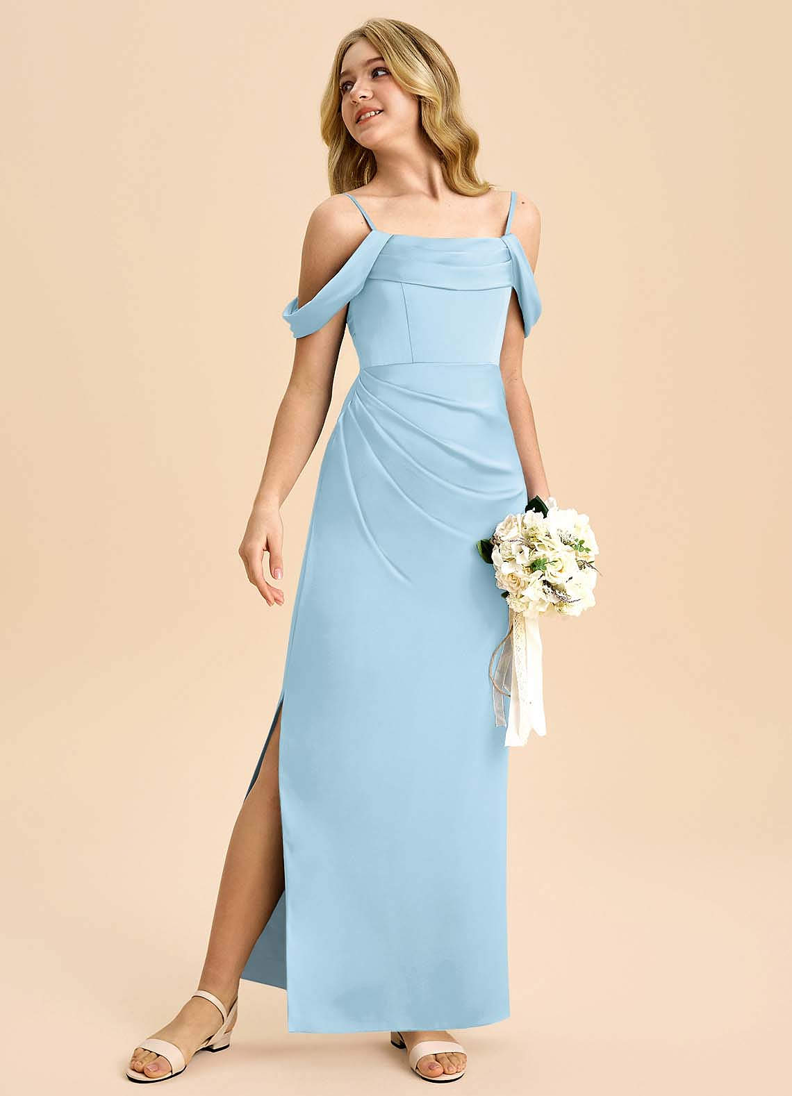 Azazie Saige Junior Sky Blue Sheath Off the Shoulder Stretch Satin Dress image4