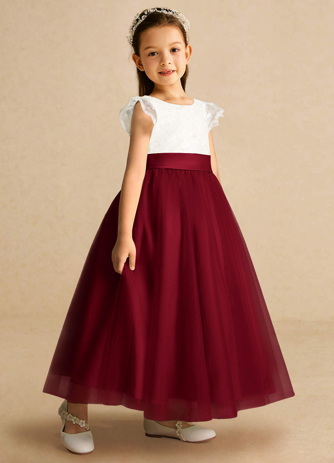 Azazie Pookie Flower Girl Dresses Burgundy A-Line Lace Tulle Dress image1